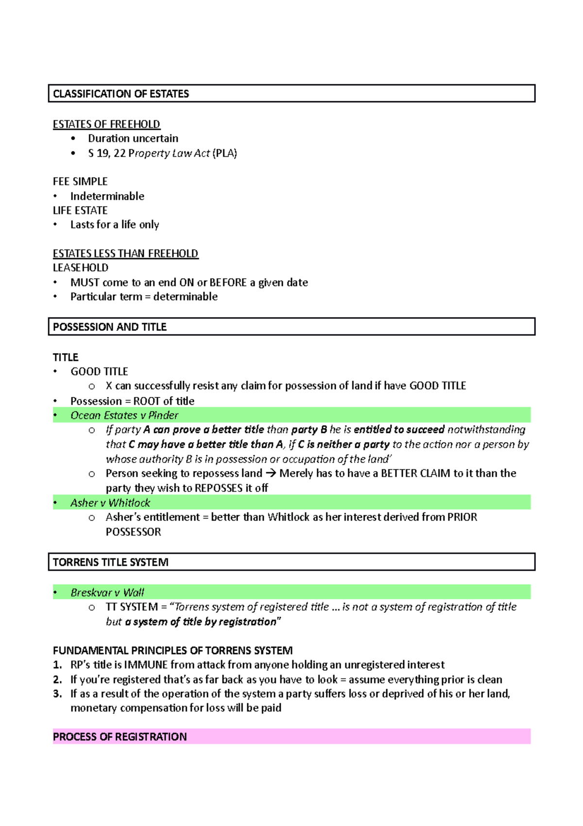 PROP notes 201 - CLASSIFICATION OF ESTATES ESTATES OF FREEHOLD Duration ...