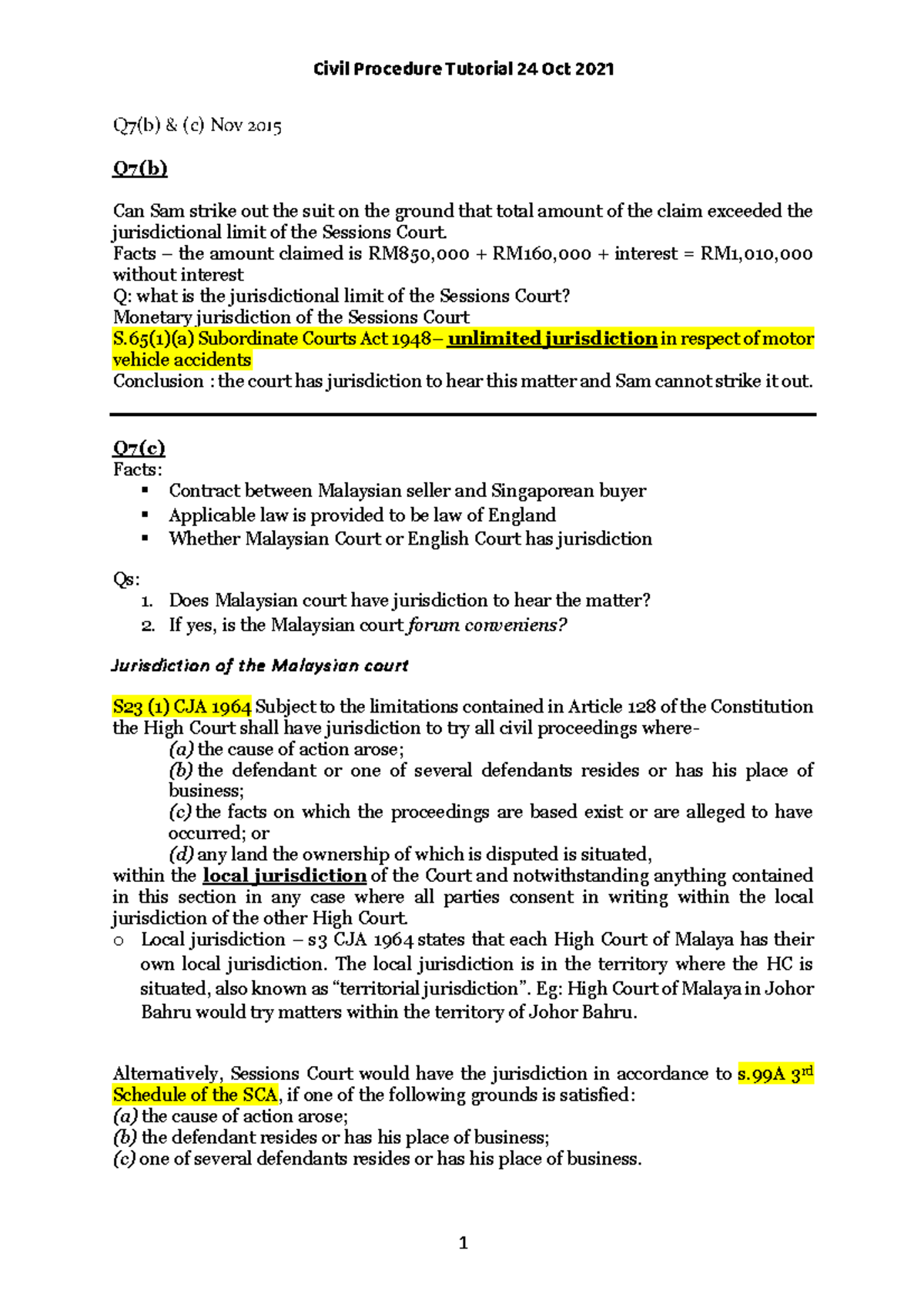 Civil Tutorial 24 Oct 2021 - Q7(b) & (c) Nov 2015 Q7(b) Can Sam Strike ...