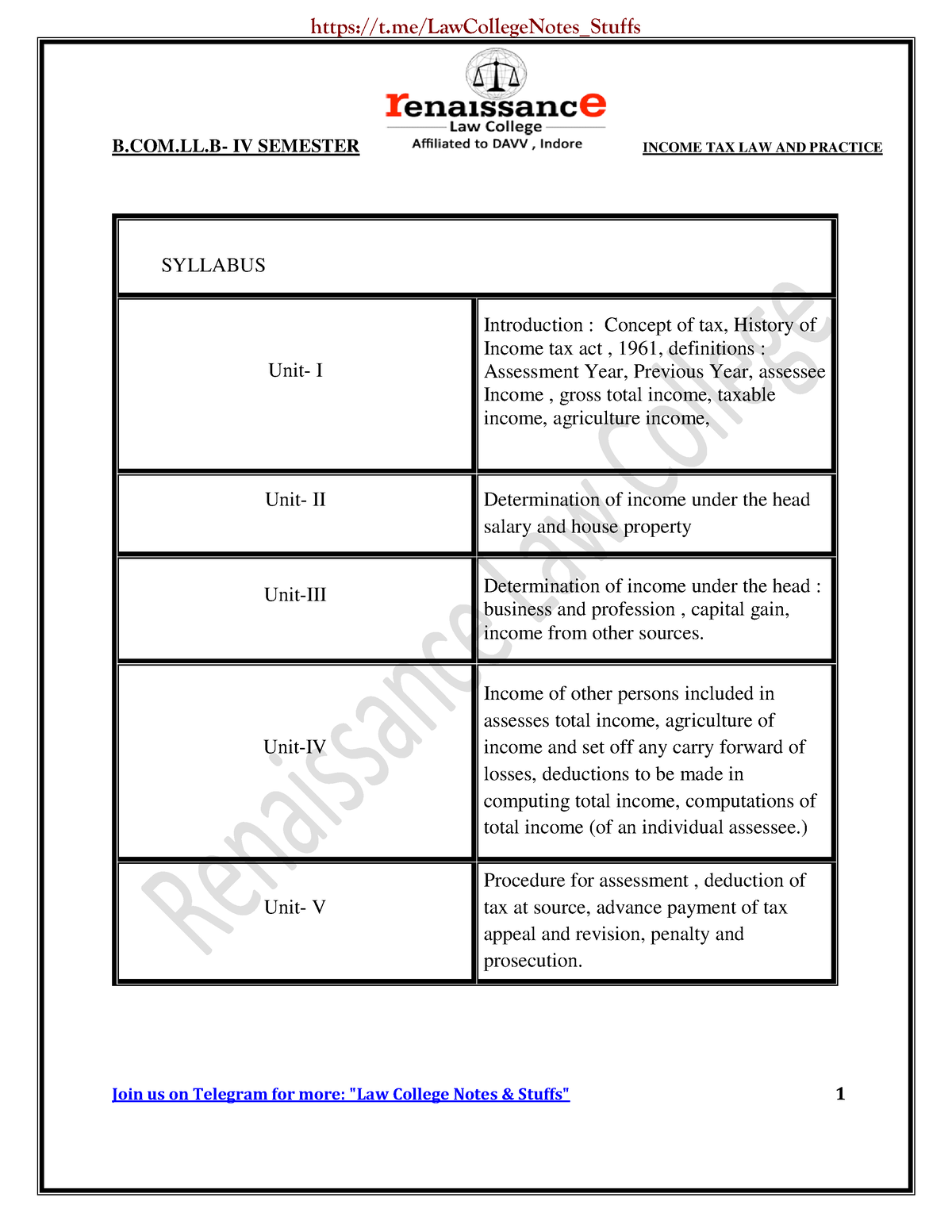 Income Tax Law And Practice Renaissance Law College Notes B Com Ll Iv Semester Income Tax Law