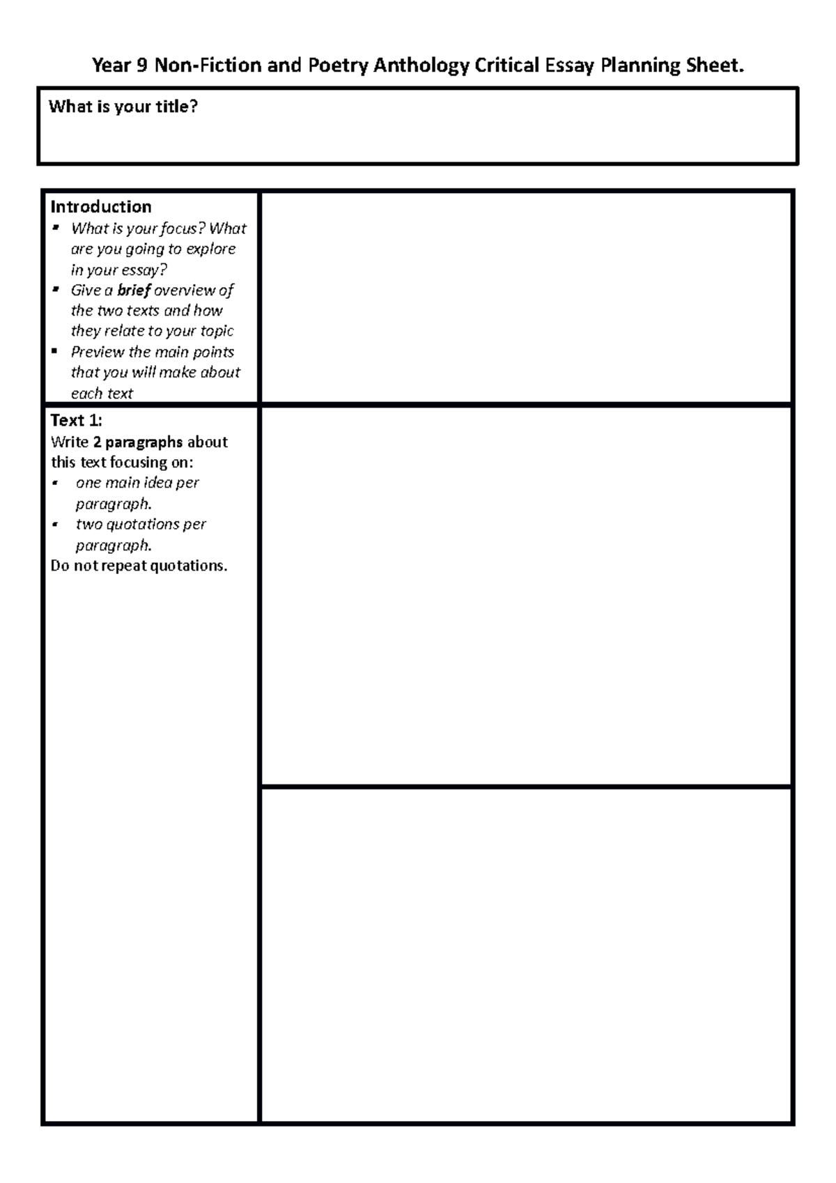 Final essay planning sheet - Year 9 Non-Fiction and Poetry Anthology ...