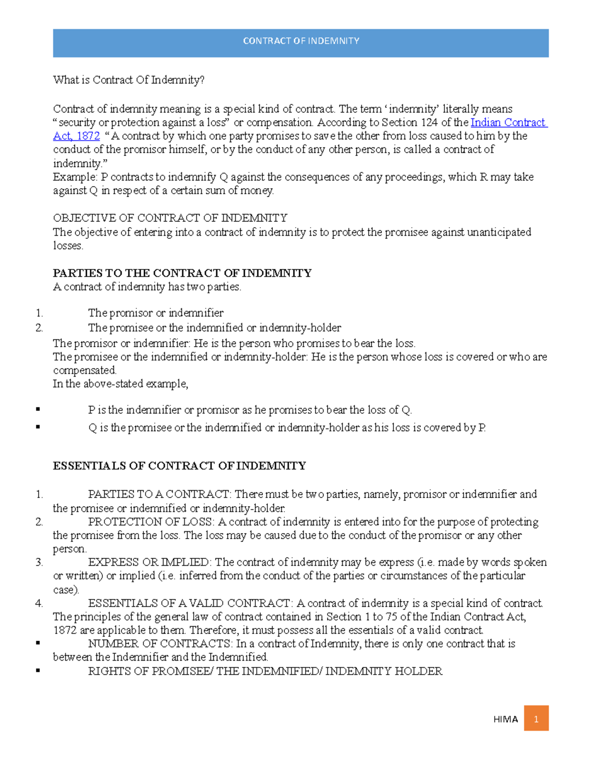 Contract of indemnity What is Contract Of Indemnity? Contract of