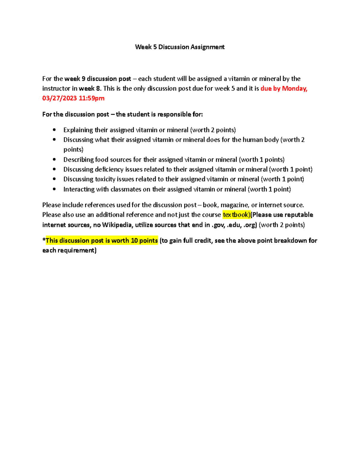 Vitamin and Mineral Assignment - Week 5 Discussion Assignment For the ...