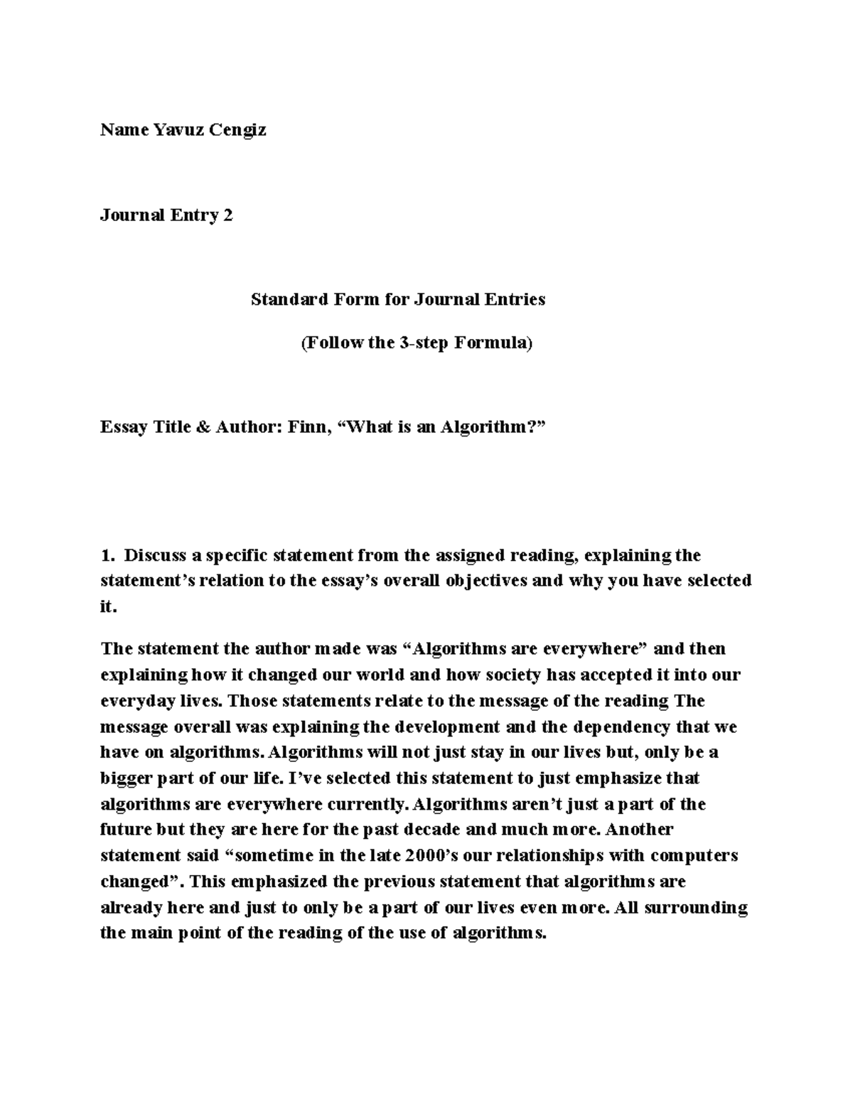 Journal Entry #2 - Name Yavuz Cengiz Journal Entry 2 Standard Form for ...