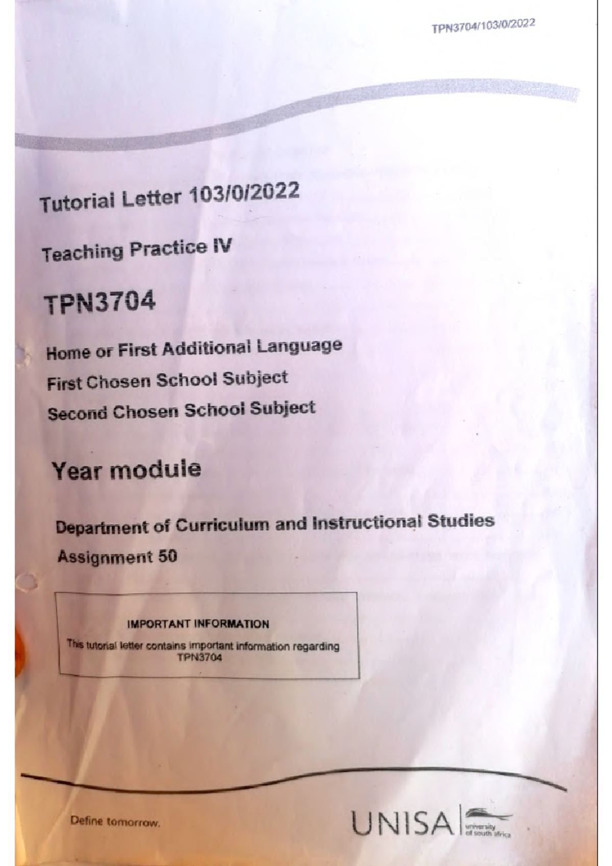 TPN3704. 60323922. Portfolio -880 - Tutorial Letter Teaching Practice ...