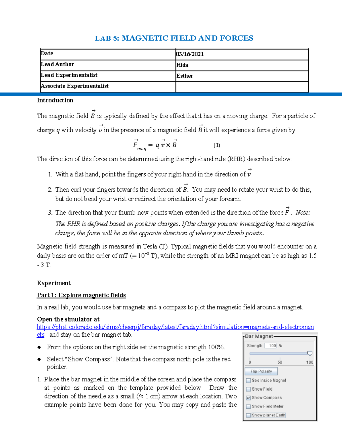 Copy Of Lab 5 Magnetic Field And Magnetic Force - LAB 5:MAGNETIC FIELD ...