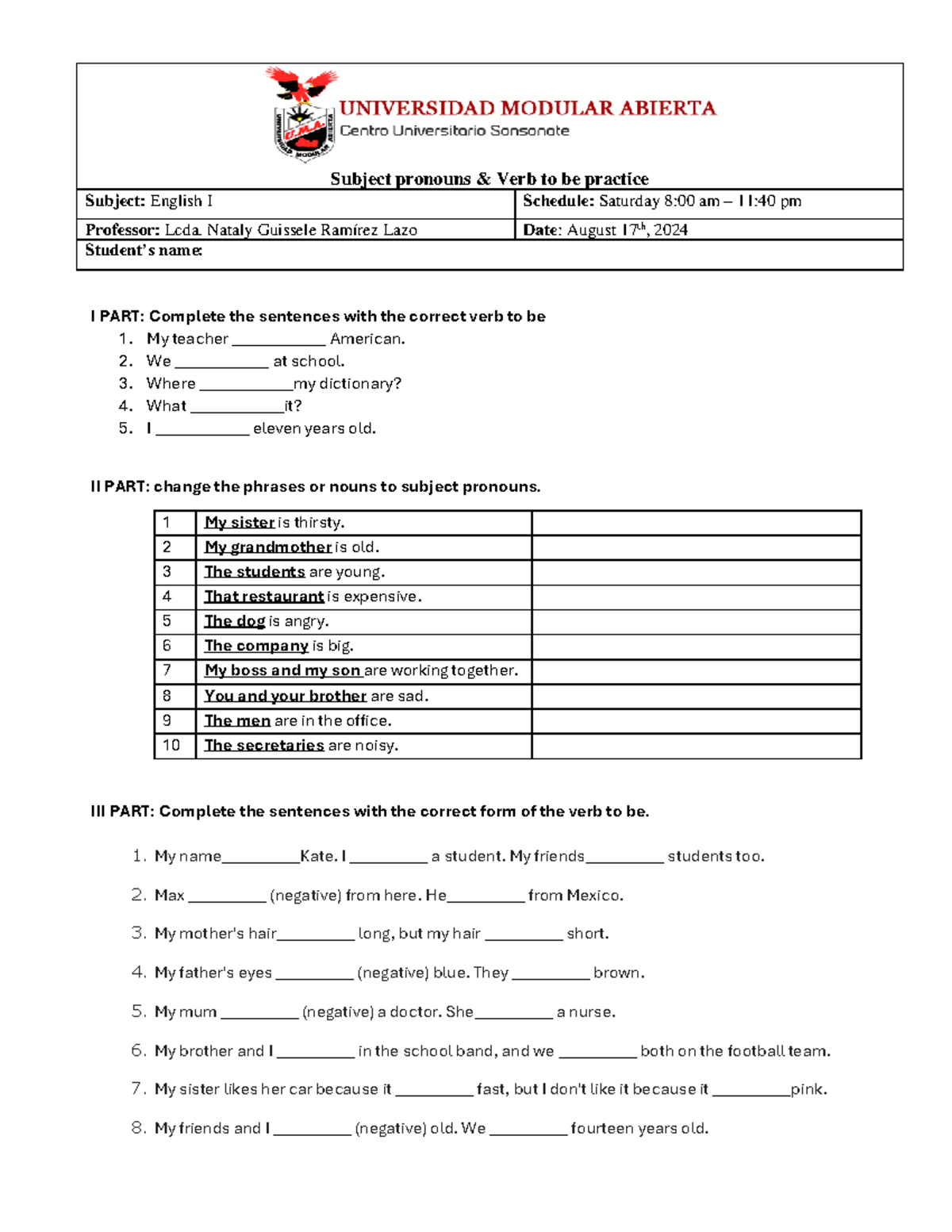 Tarea de ingles - BASICO - Subject pronouns & Verb to be practice ...