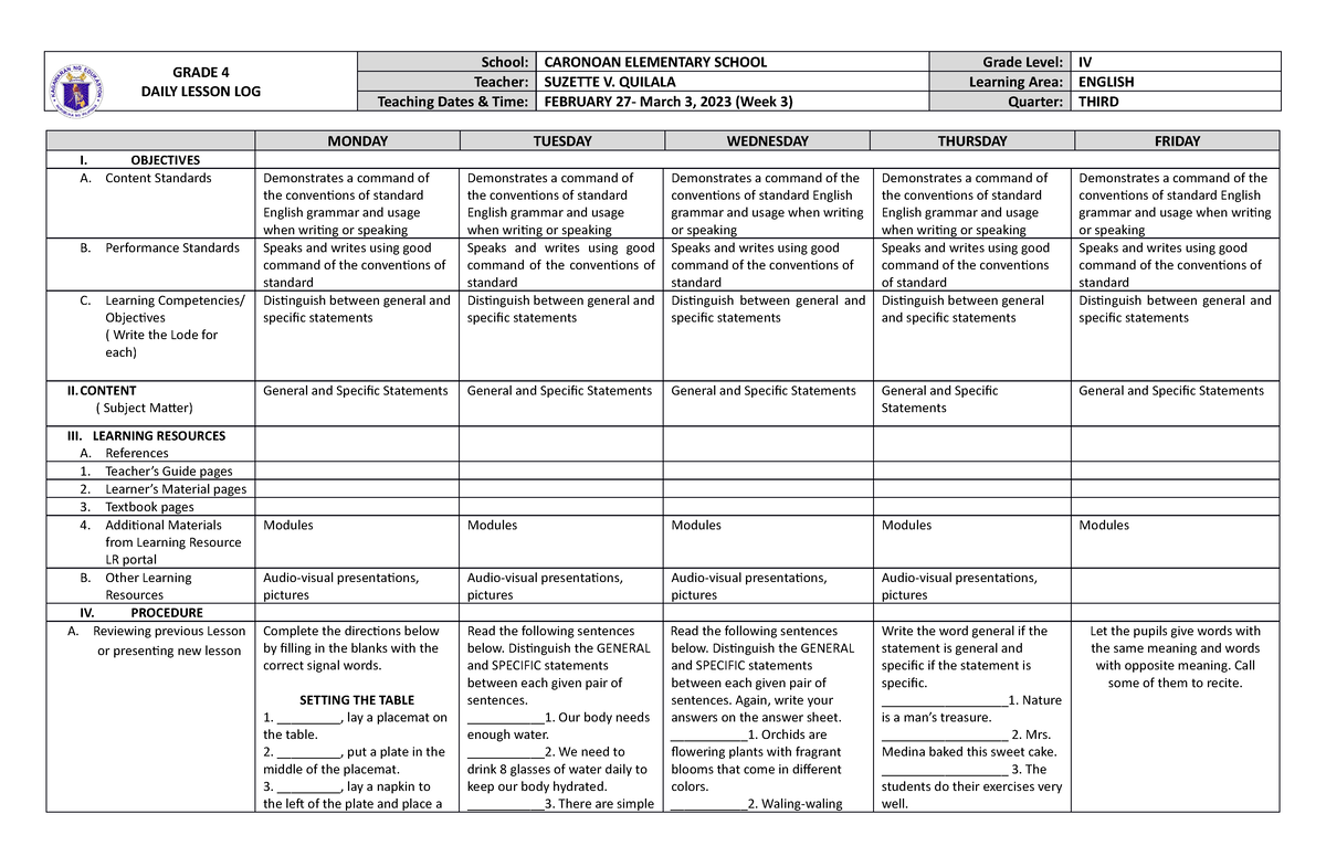Dll English 4 Q3 W3 Generaland Specific Statementsedumaymaylauramos Grade 4 Daily Lesson Log 4764