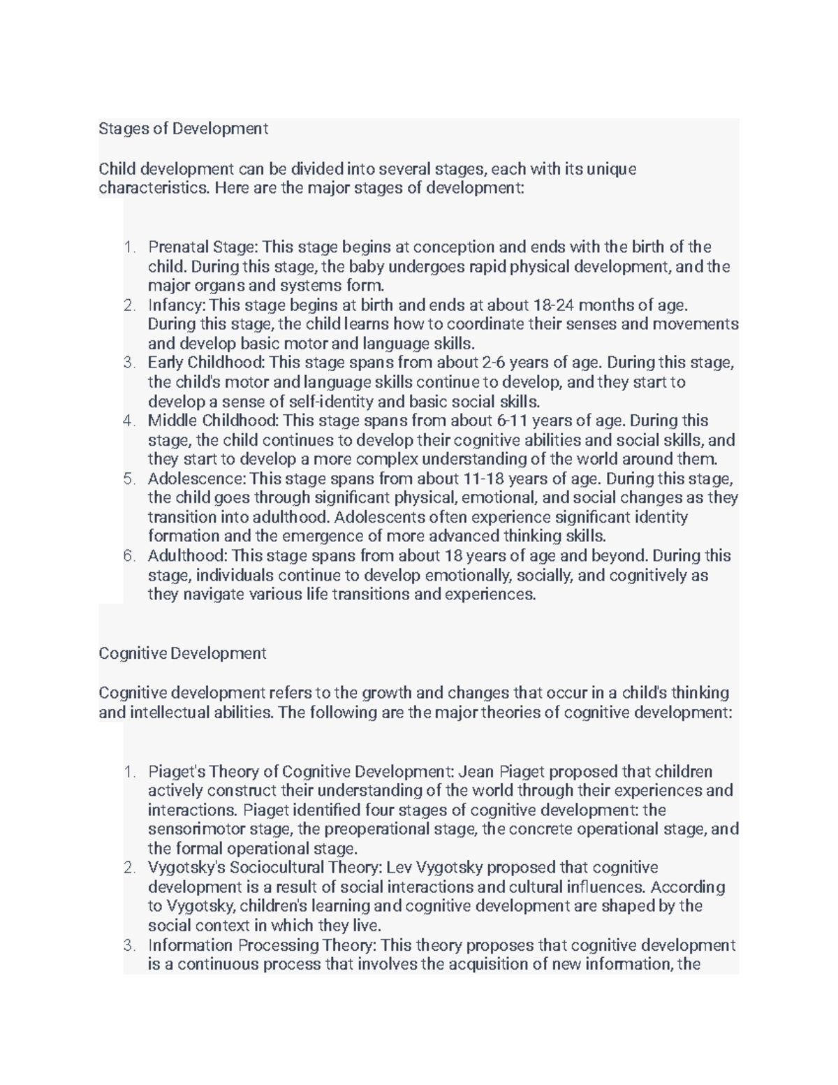 Stages of Child Development and Theories of Cognitive Development - Studocu