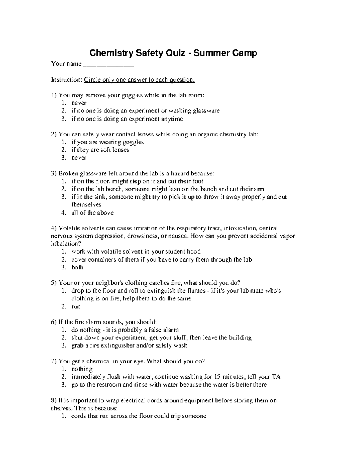 Chemistry Safety Quiz hjghjghj Chemistry Safety Quiz Summer Camp