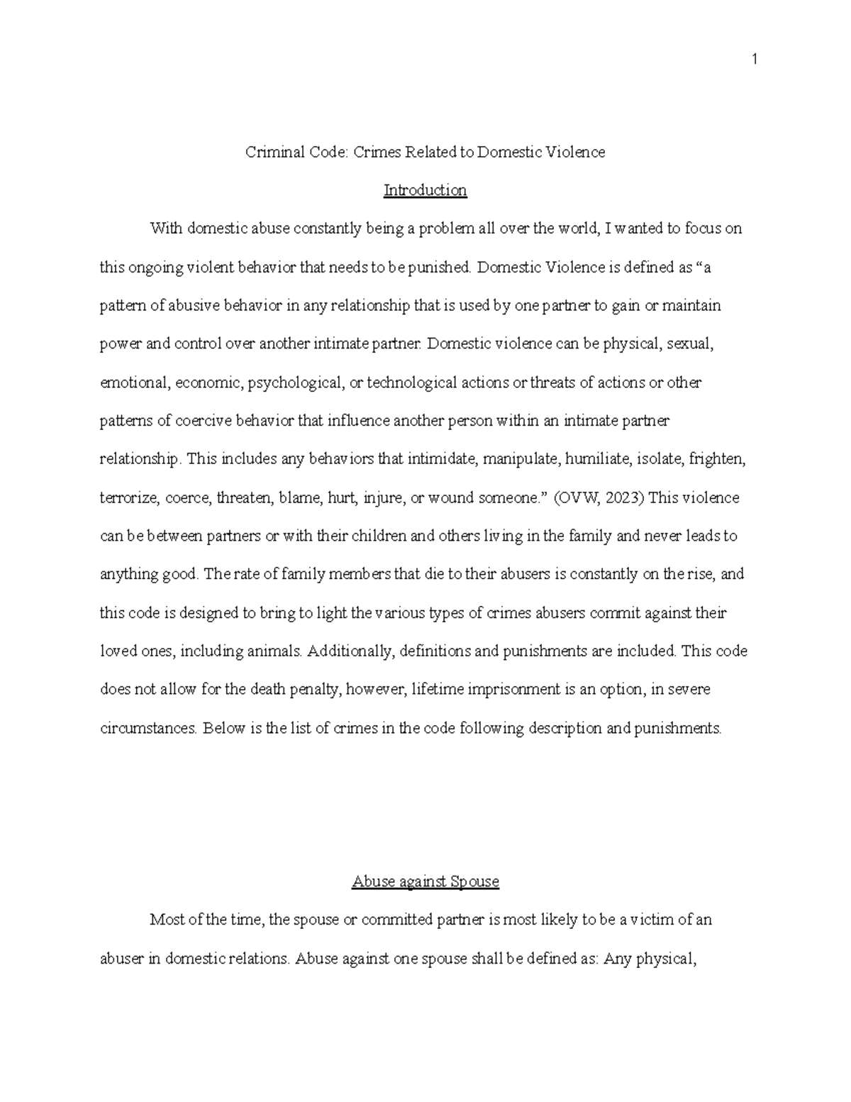 Criminal Code Paper Criminal Code Crimes Related to Domestic