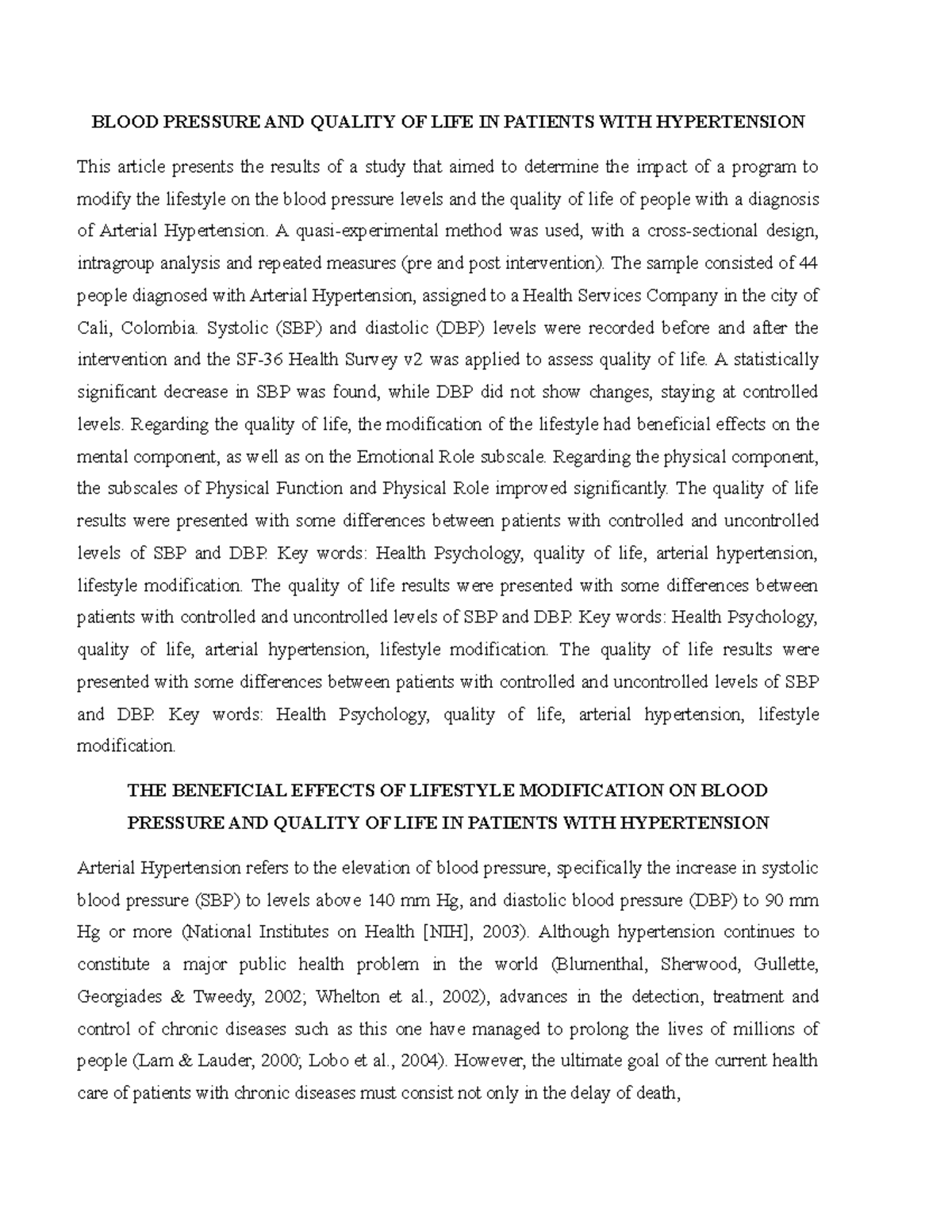 Blood Pressure AND Quality OF LIFE IN Patients WITH Hypertension ...