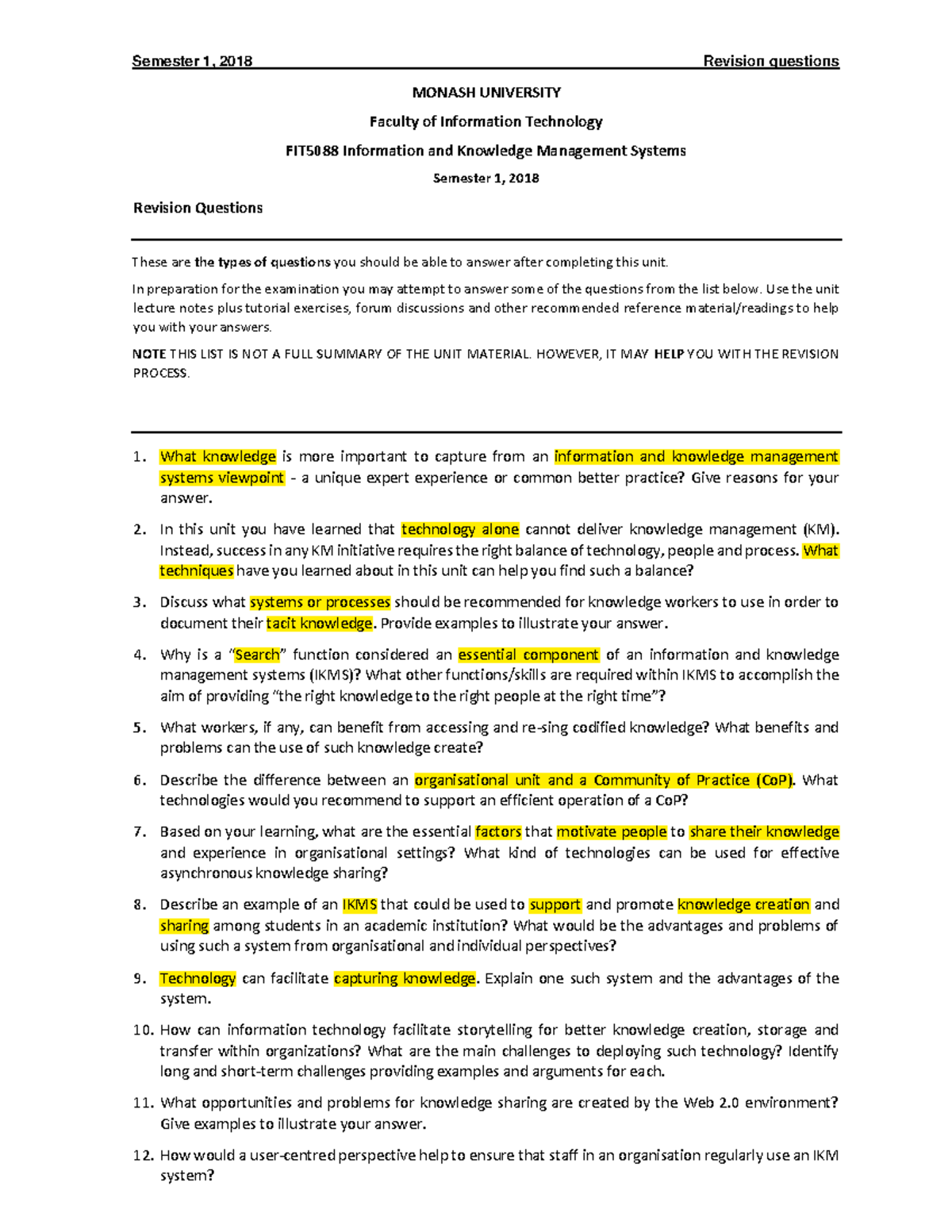 Review questions 2018 - Semester 1, 2018 Revision questions MONASH ...