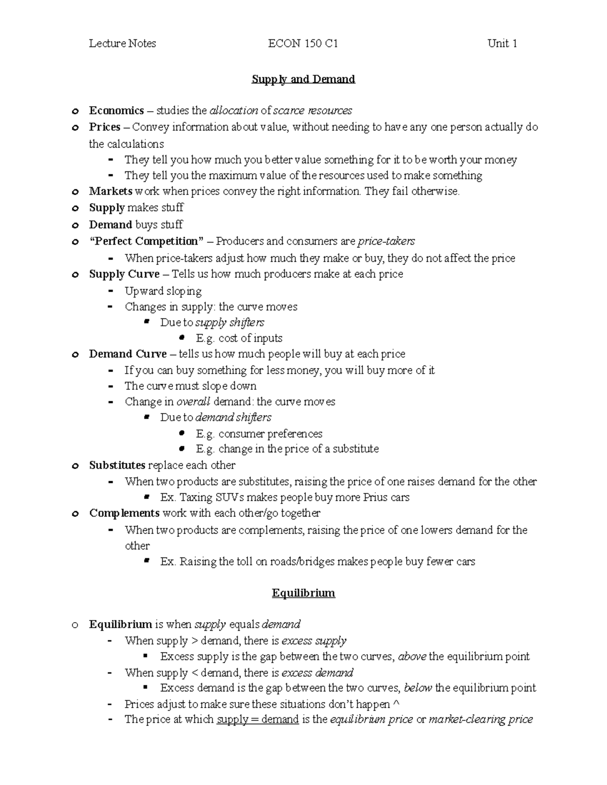 Econ 150 Notes 1 - Professor: Derek Lemoine - Supply and Demand o ...