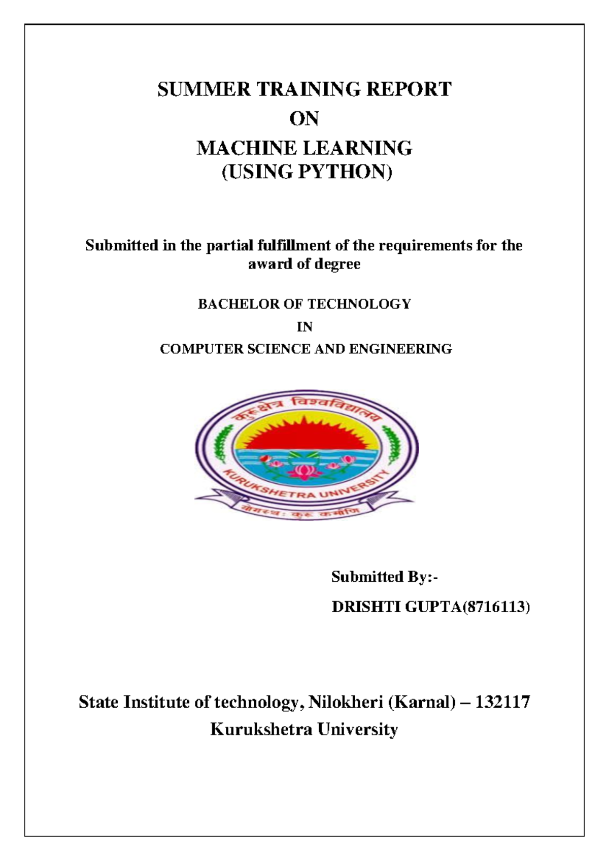 SUMMER TRAINING REPORT ONMACHINE LEARNING(USING PYTHON) - SUMMER ...