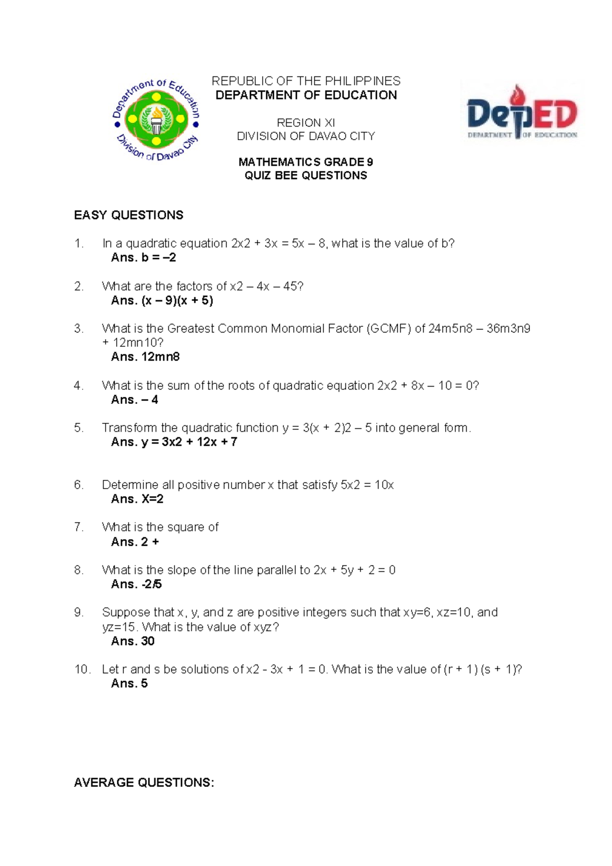 grade 9 math quiz bee questions and answers pdf philippines