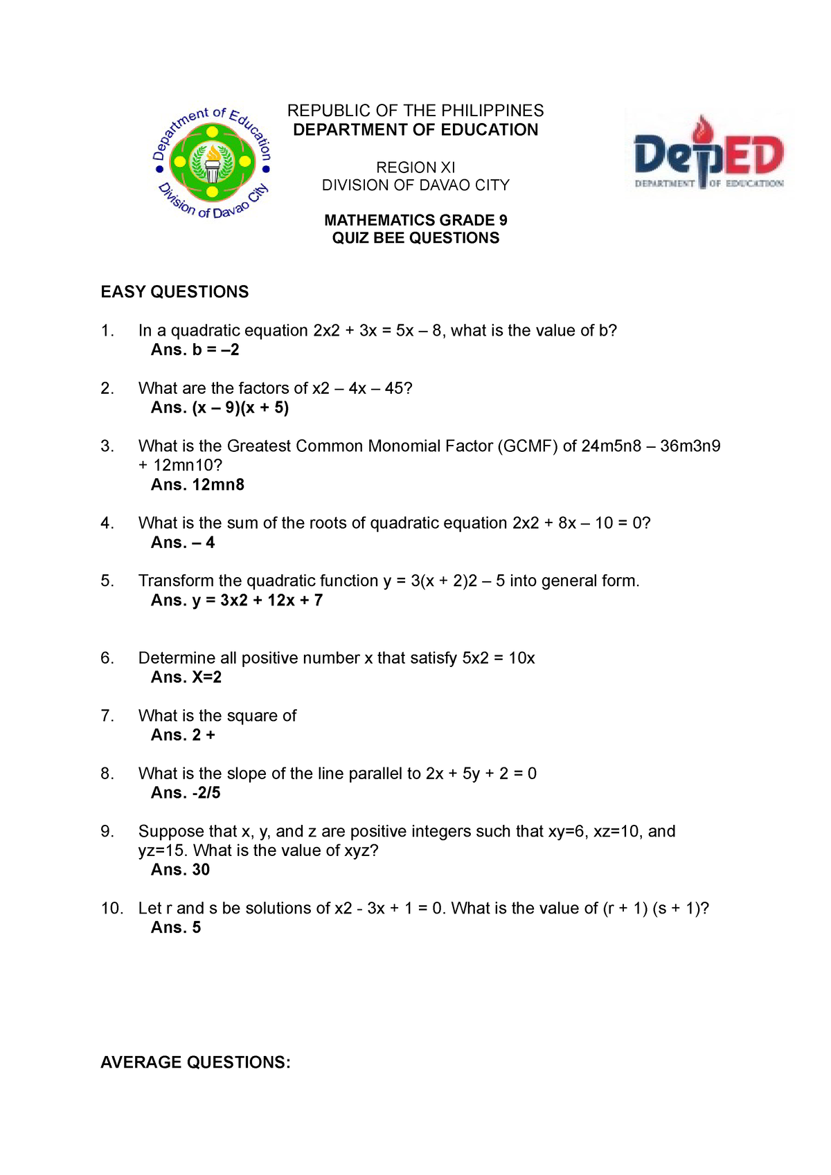 Grade 9 Quiz Bee FOR REFERENCE OF TEACHER ARNOLD APEROCHO REPUBLIC 