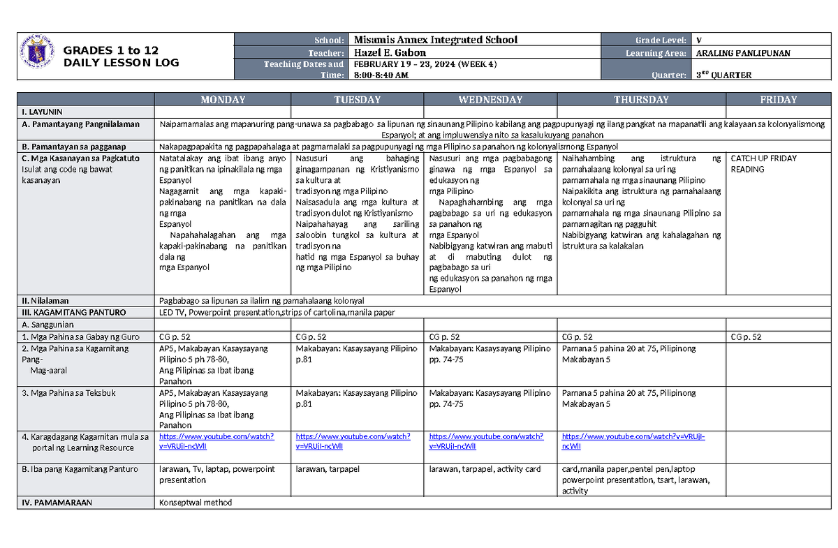 DLL Araling Panlipunan 5 Q3 W4 - GRADES 1 to 12 DAILY LESSON LOG School ...