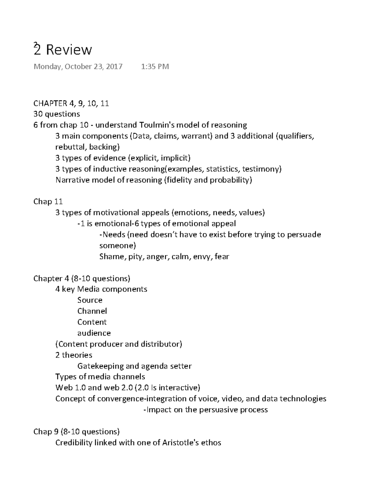 Exam 2 Review Fall 2017 - 2 2 Review Monday, October 23, 2017 1:35 PM ...