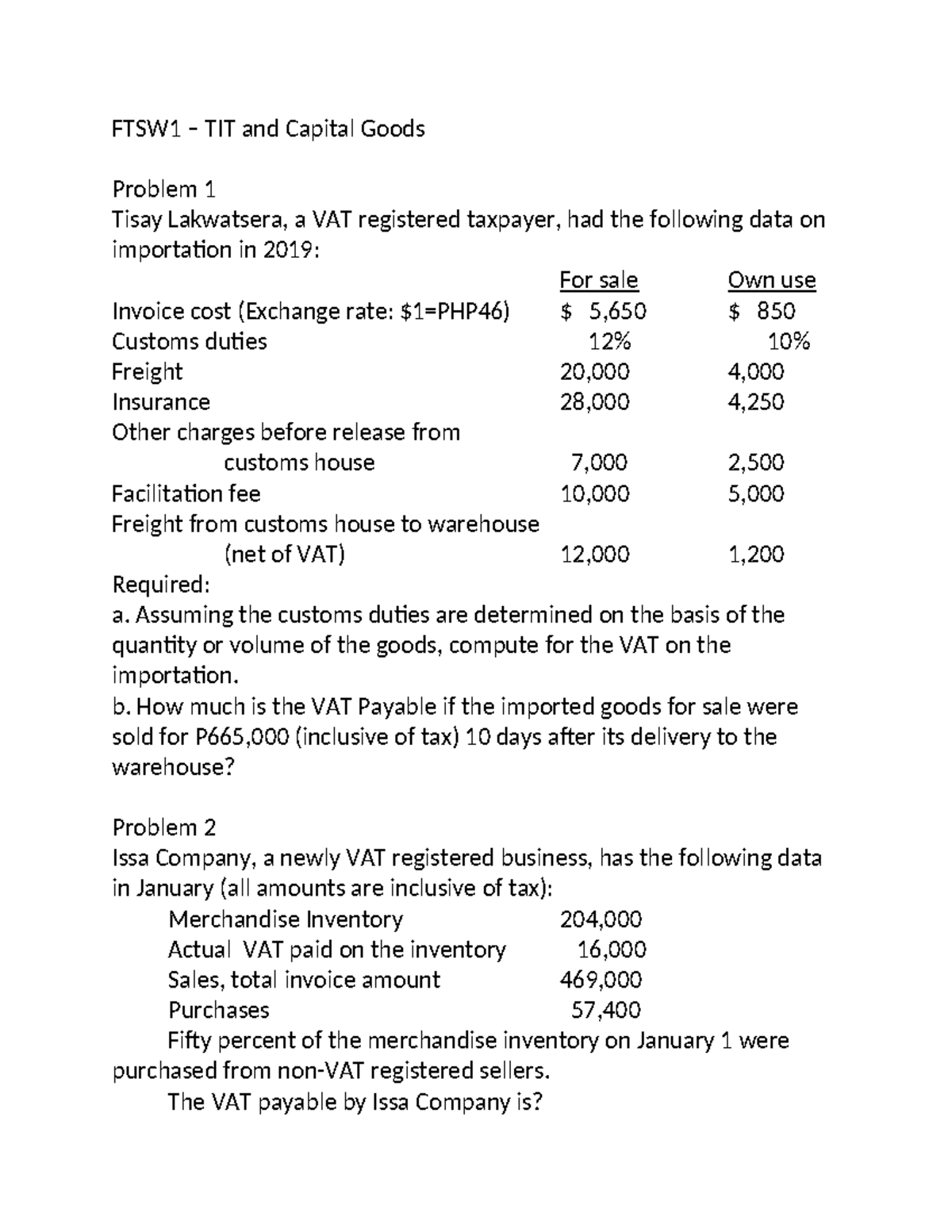 FTSW1 VAT Payable - FTSW1 – TIT and Capital Goods Problem 1 Tisay ...