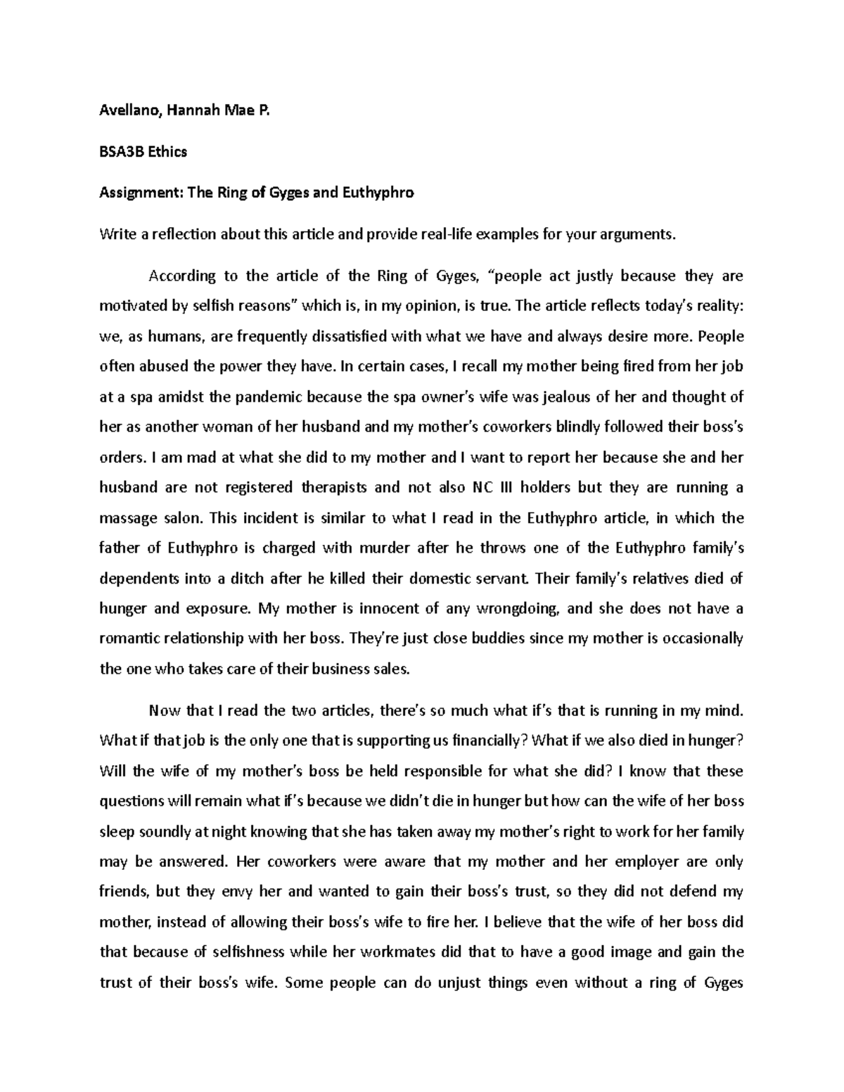 The Ring of Gyges - Avellano, Hannah Mae P. BSA3B Ethics Assignment ...