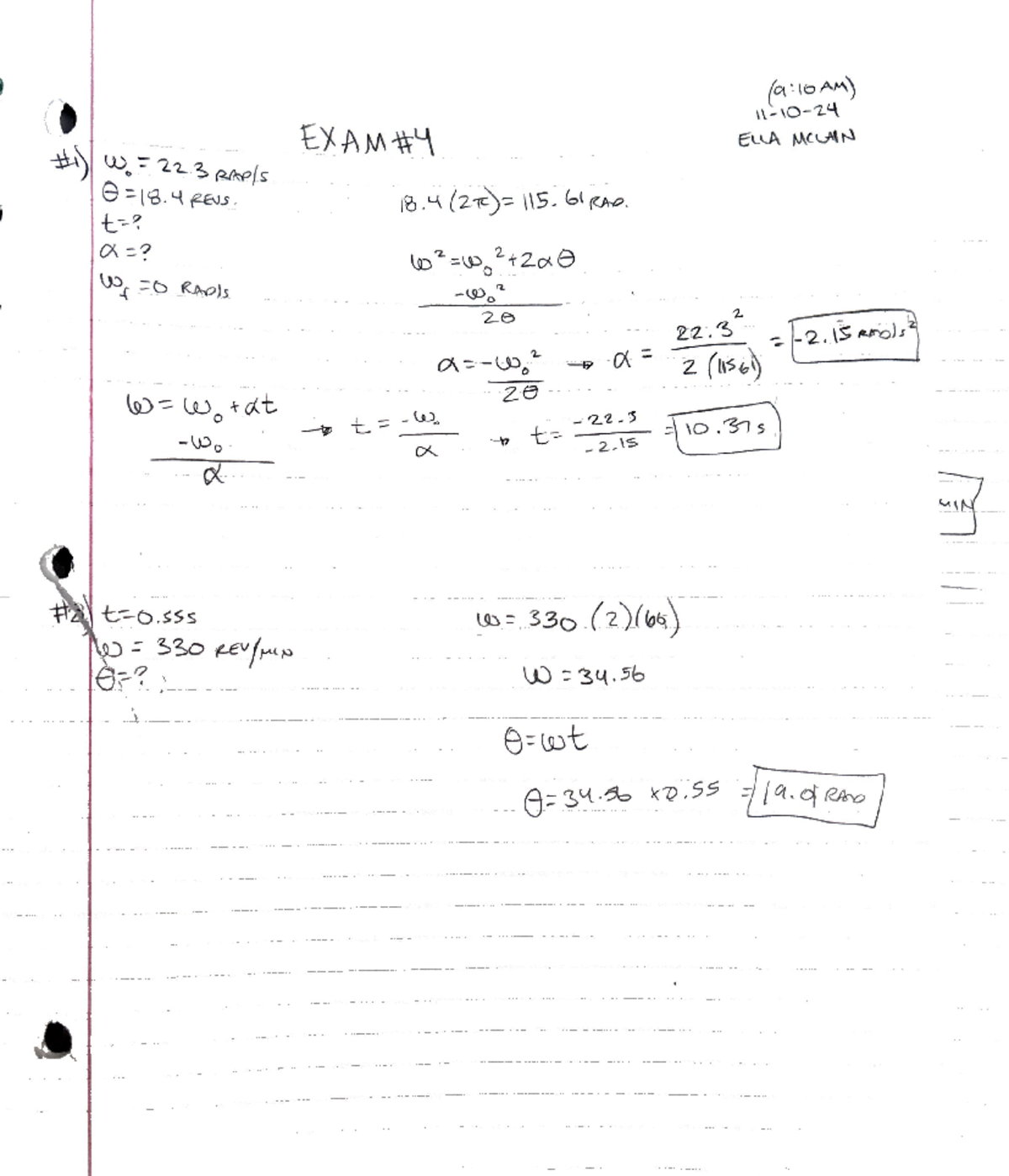 PHY - exam 4 - exam 4 for physics - PHY 111 - (9:10AM) ELLA MCLAIN 22 ...