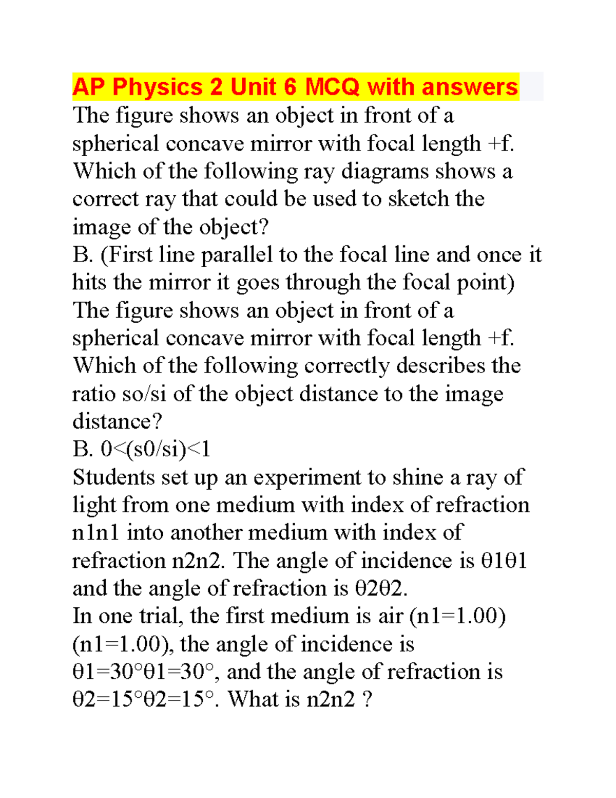 AP Physics 2 Unit 6 MCQ with answers AP Physics 2 Unit 6 MCQ with