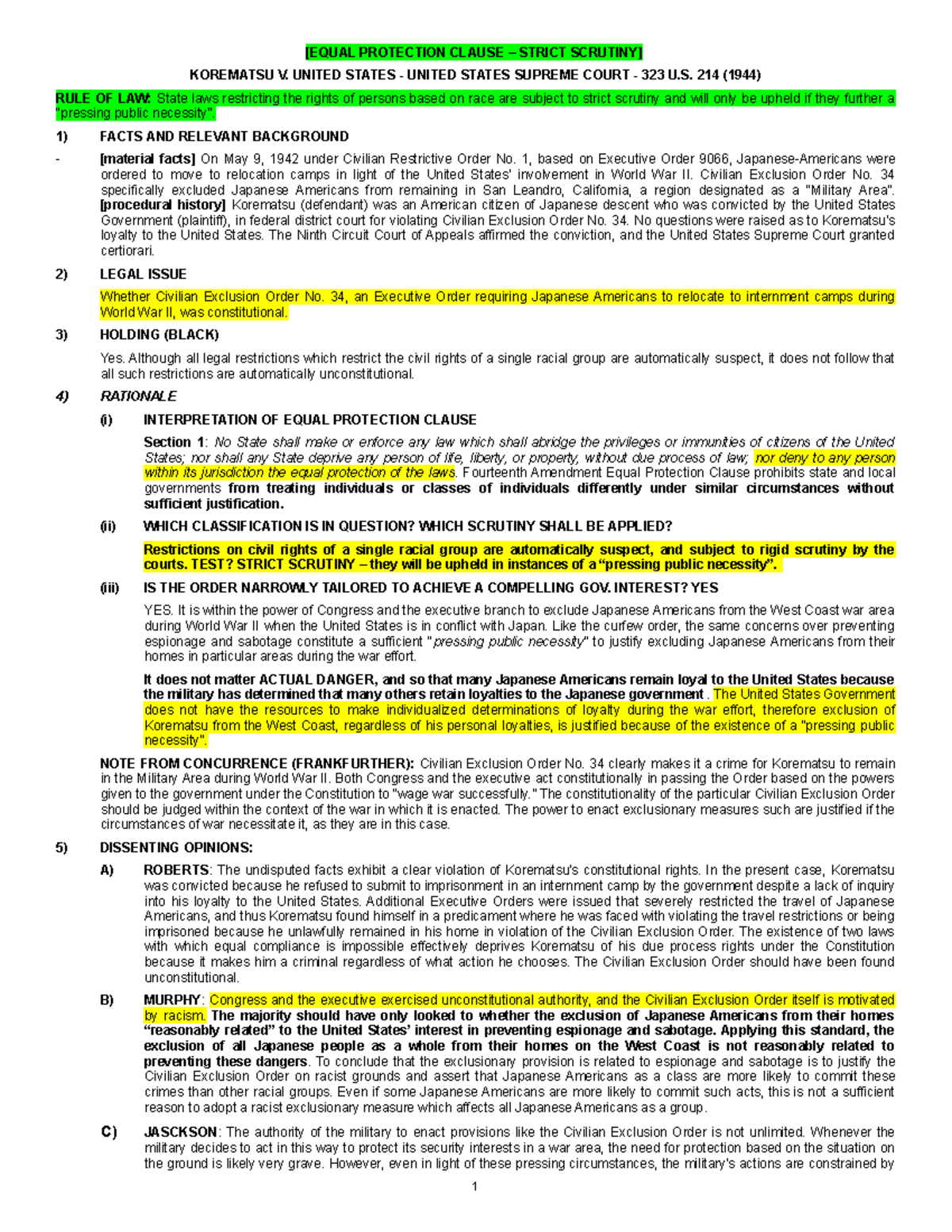 Case Brief Korematsu Conlaw Case Brief And Class Notes Equal Case Brief Korematsu Conlaw Case Brief And Class Notes Equal
