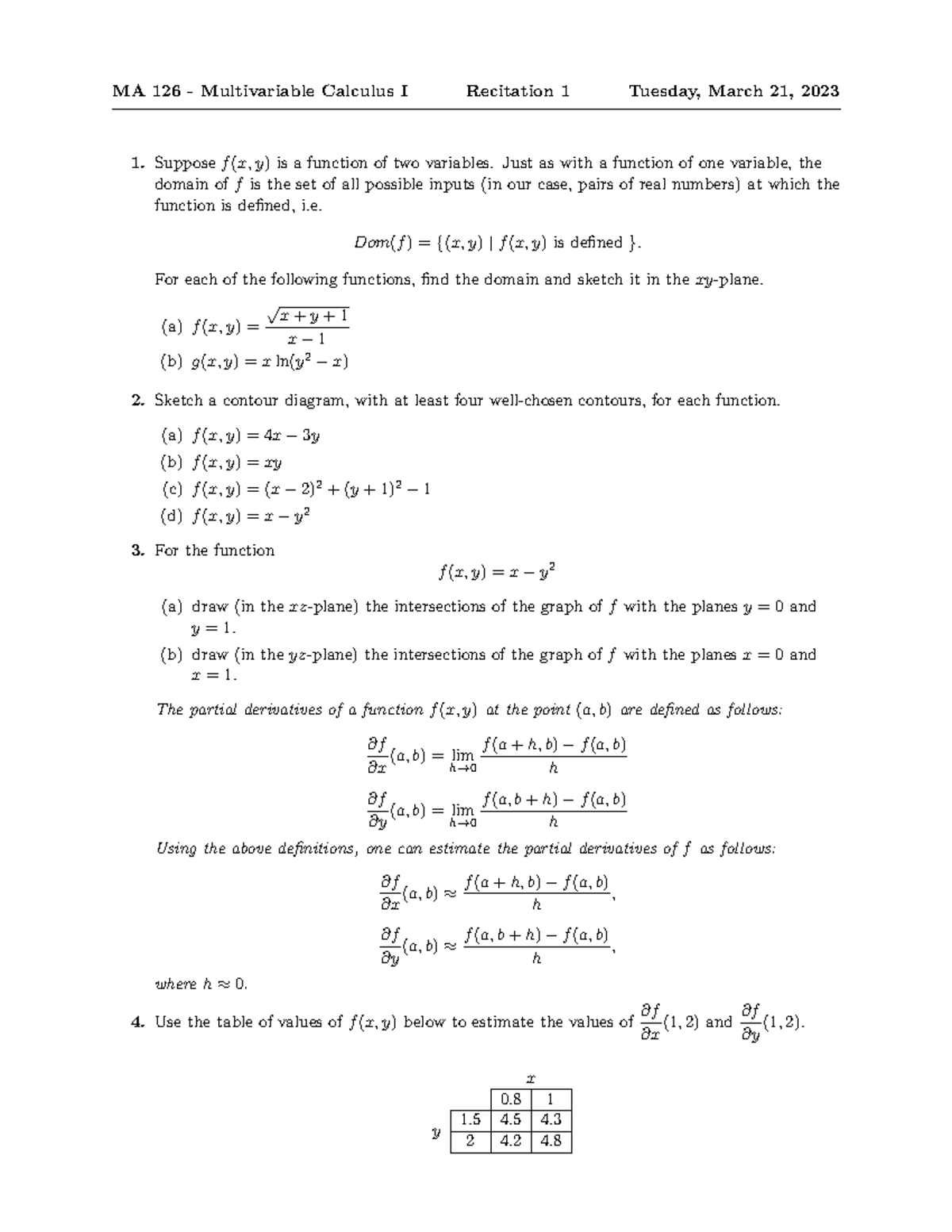 MA126 23S2 Rc1 - Recitation 1 solutions - MA 126 - Multivariable ...