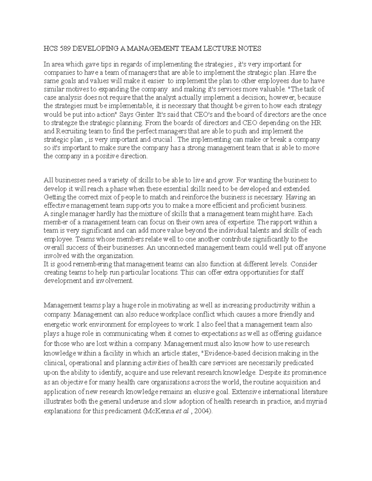 HCS 589 Developing A Management TEAM Lecture Notes - HCS 589 DEVELOPING ...