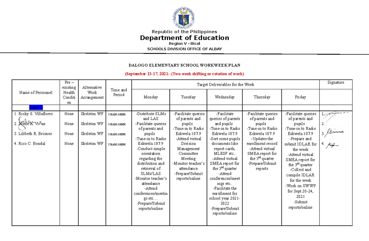 Dalogo ES Workweek Plan Sept - Republic of the Philippines Department ...