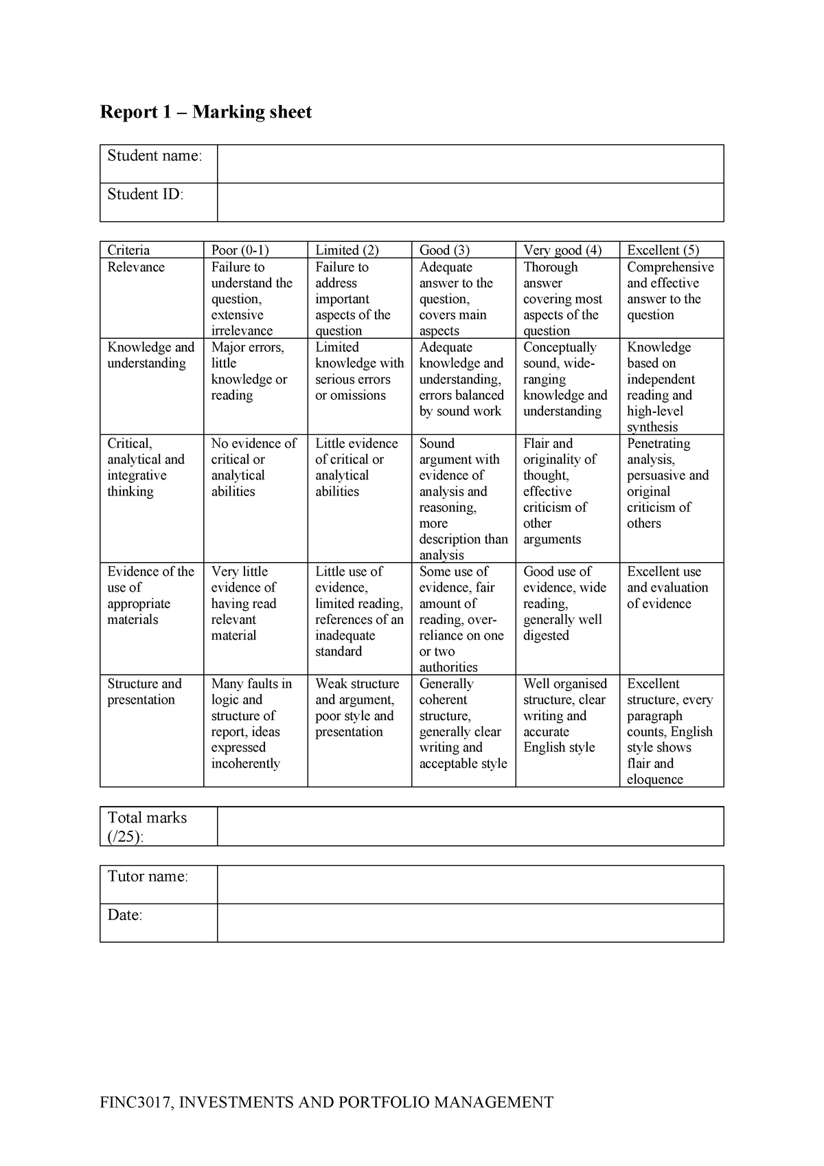 Report 1 – Marking sheet - FINC3017, INVESTMENTS AND PORTFOLIO ...