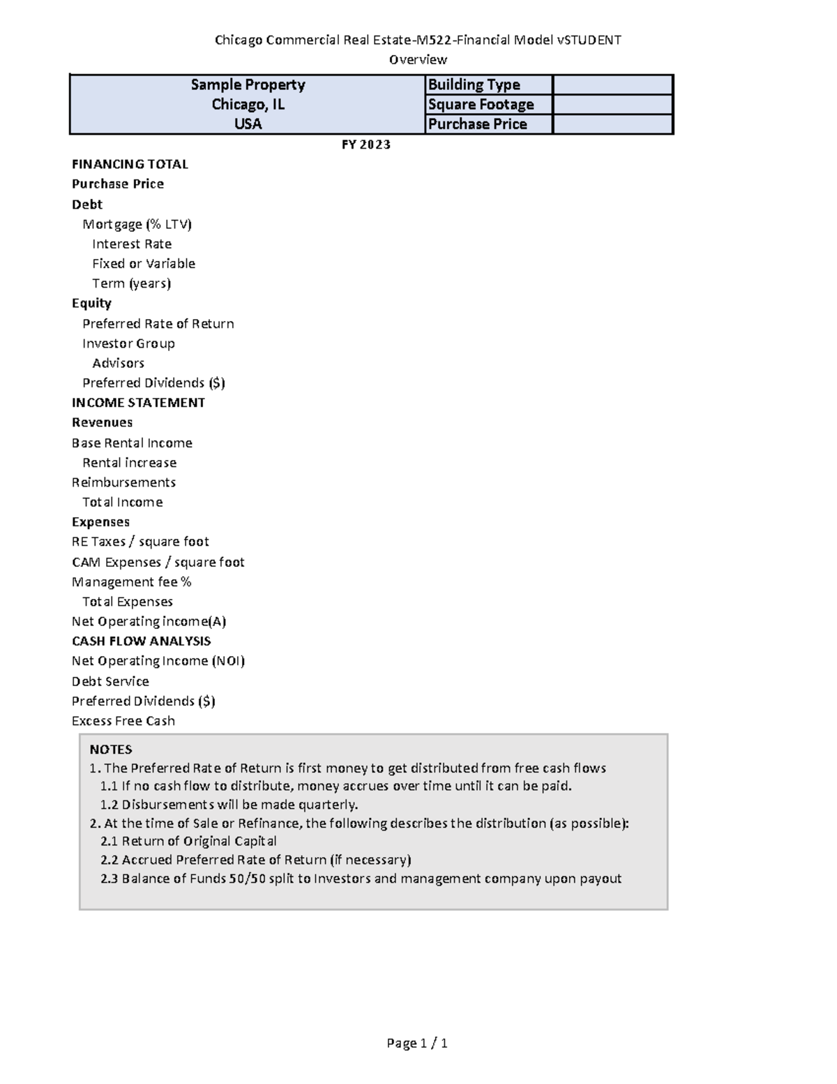 Chicago Commercial Real EstateM522Financial Model v Student Chicago