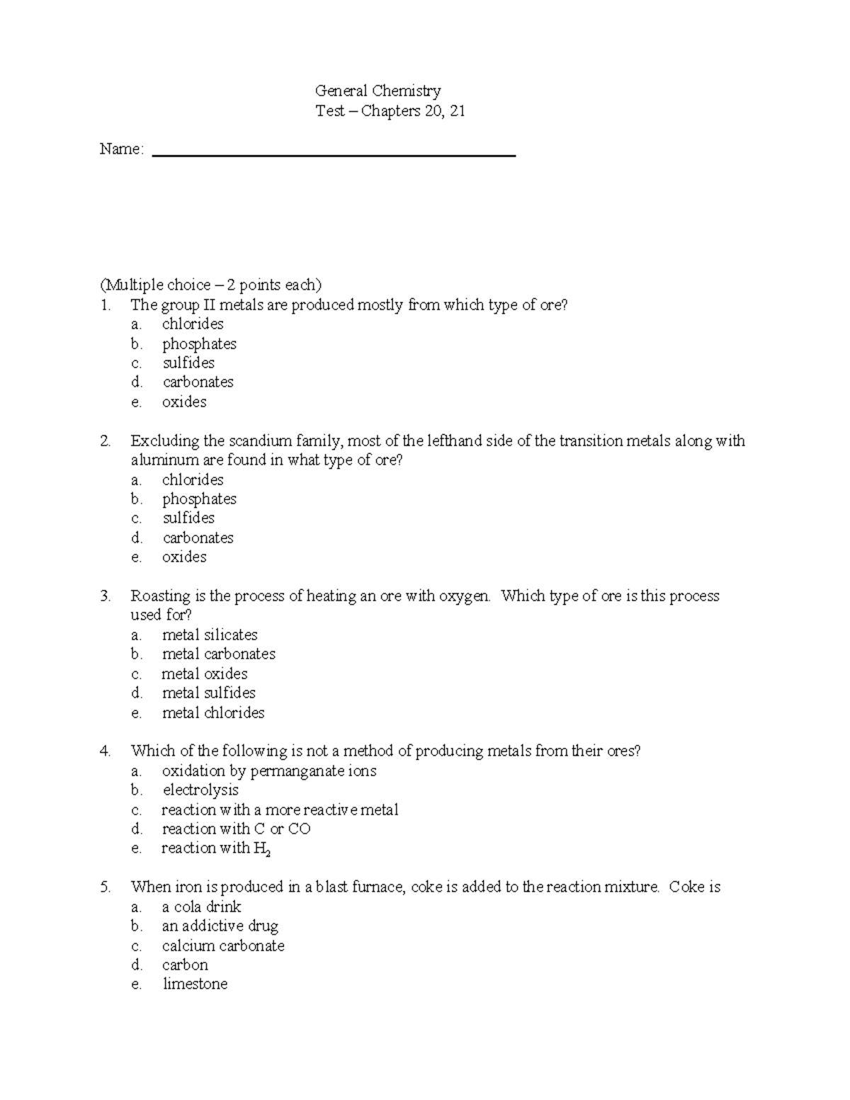 Practice Test Ch. 20-21 - General Chemistry – Chem 152 Test – Chapters 