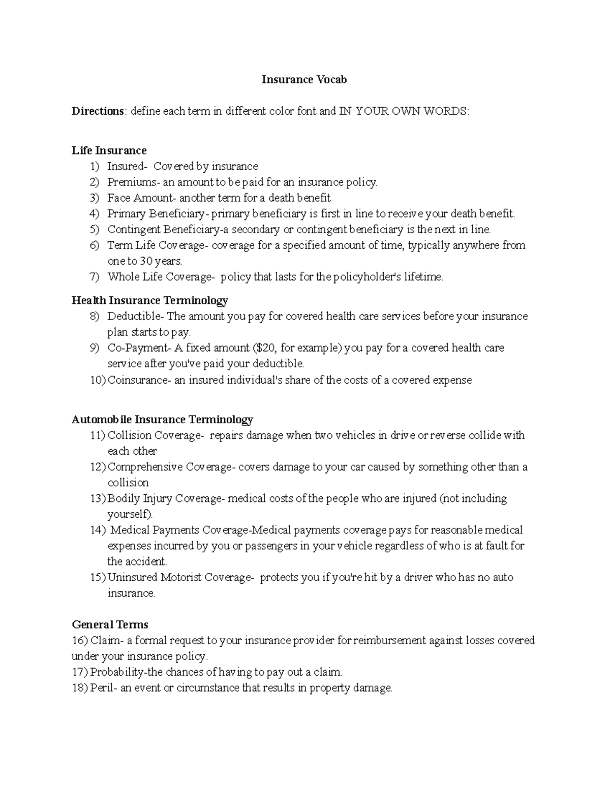 Copy of 1 Insurance Vocab - Insurance Vocab Directions: define each ...