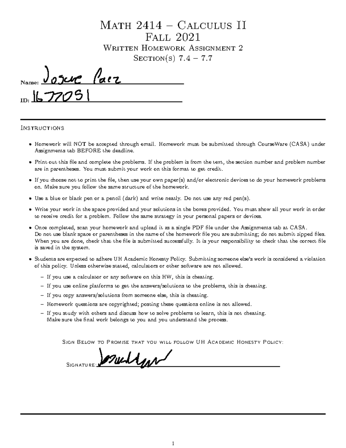 2414 whw2 - Written Homework - Math 2414 – Calculus II Fall 2021 ...