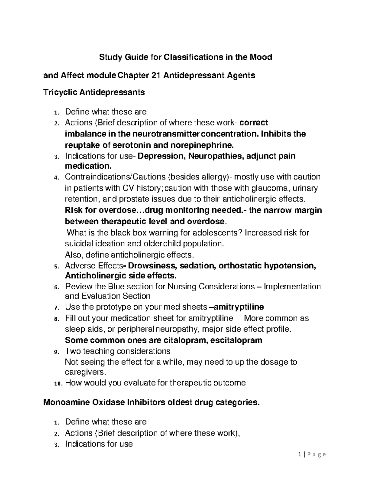 Study Guide for Classifications in the Mood and Affect Module ...