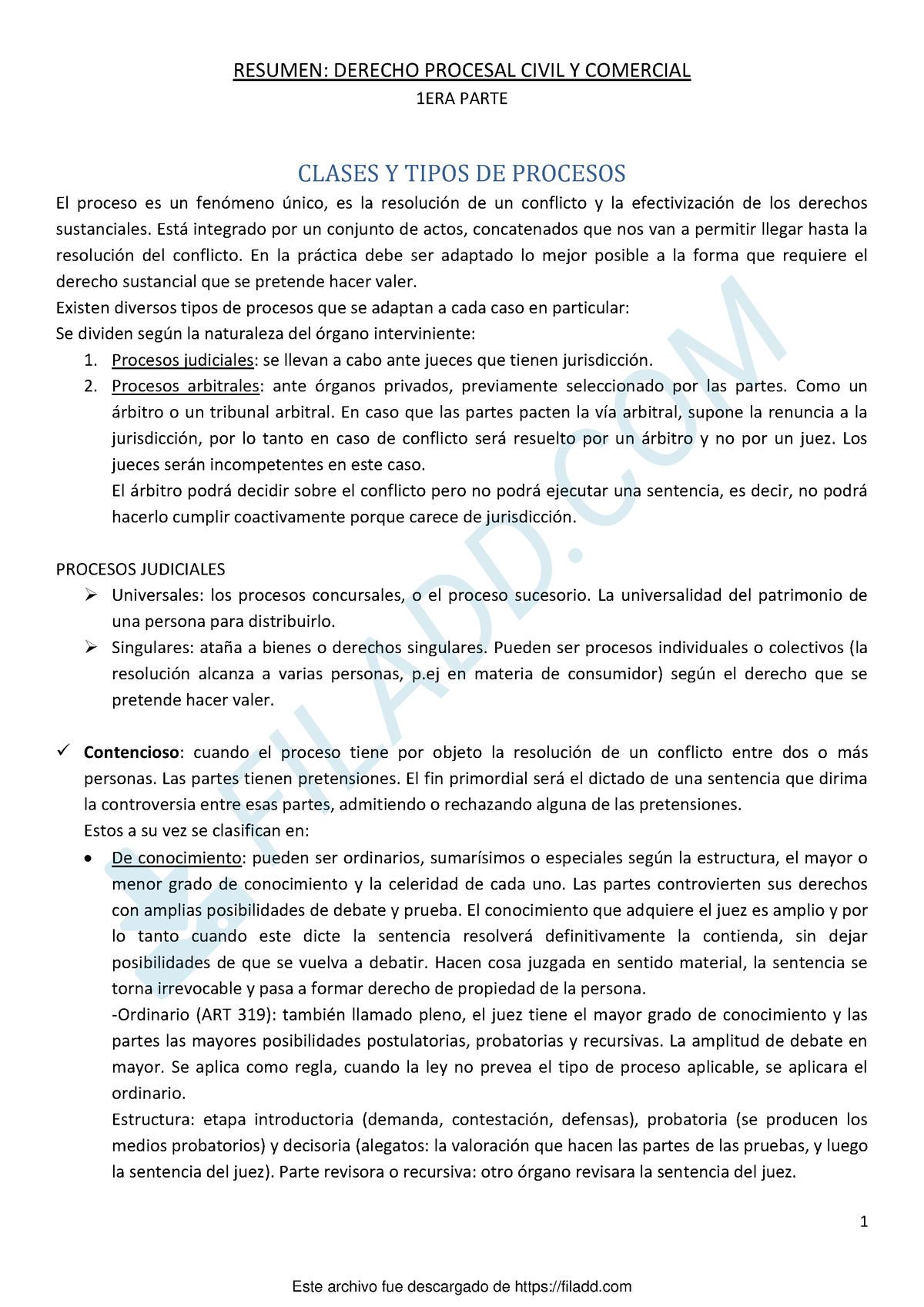 Resumen Procesal 1 - 1 RESUMEN: DERECHO PROCESAL CIVIL Y COMERCIAL 1ERA ...