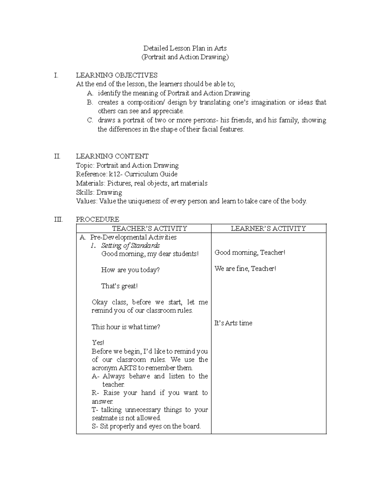 Detailed Lesson Plan in Arts 4 - Detailed Lesson Plan in Arts (Portrait ...