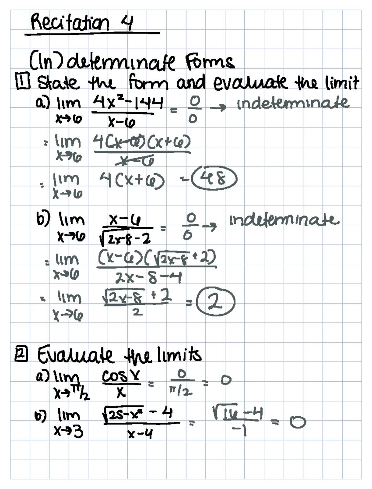 Calc 1 Recitations 4, 5 and 6 Notes - Recitation In determinate Forms ...