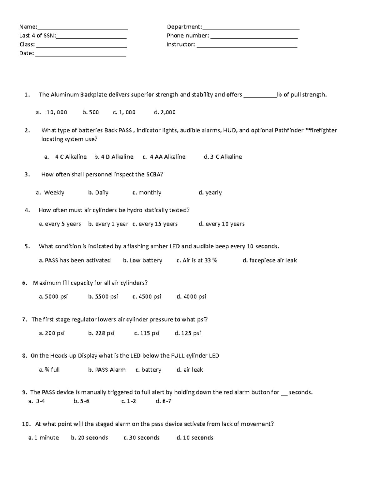 SCBA Test - scba - Name:___Last 4 of SSN: Phone number: Department ...