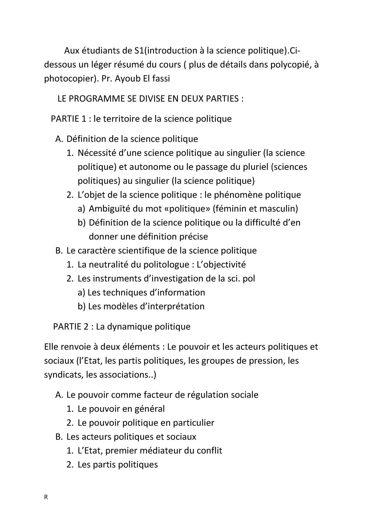 Pr. Ayoub El Fassi Politique - Aux étudiants De S1(introduction à La ...