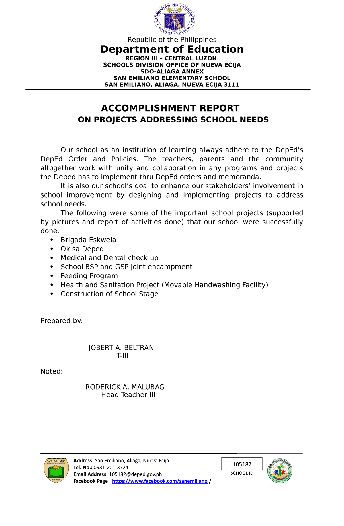 Accomplishment Report on Projects Addressing School Needs - 123456 ...