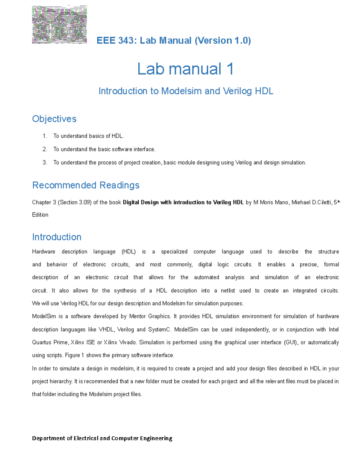 Lab manual 1 - To understand basics of HDL. 2. To understand the basic ...