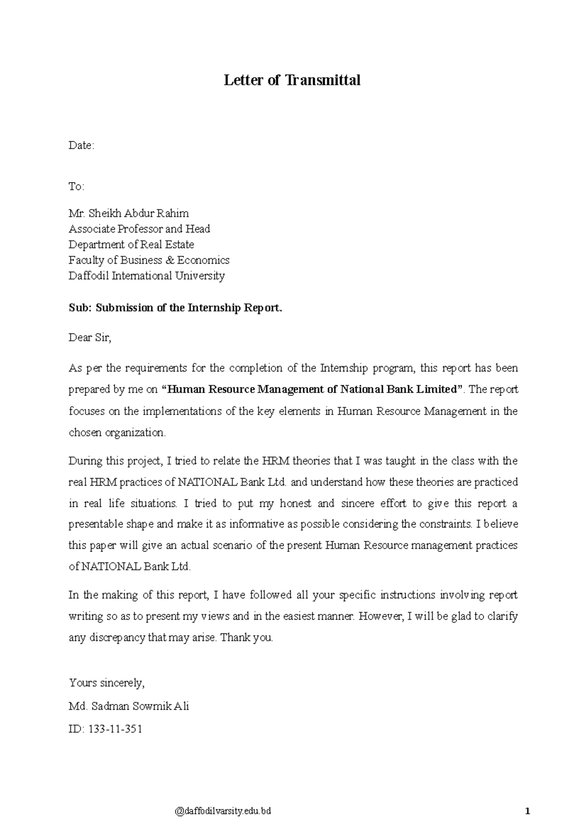 2 Report Part 2 New - Letter of Transmittal Date: To: Mr. Sheikh Abdur ...