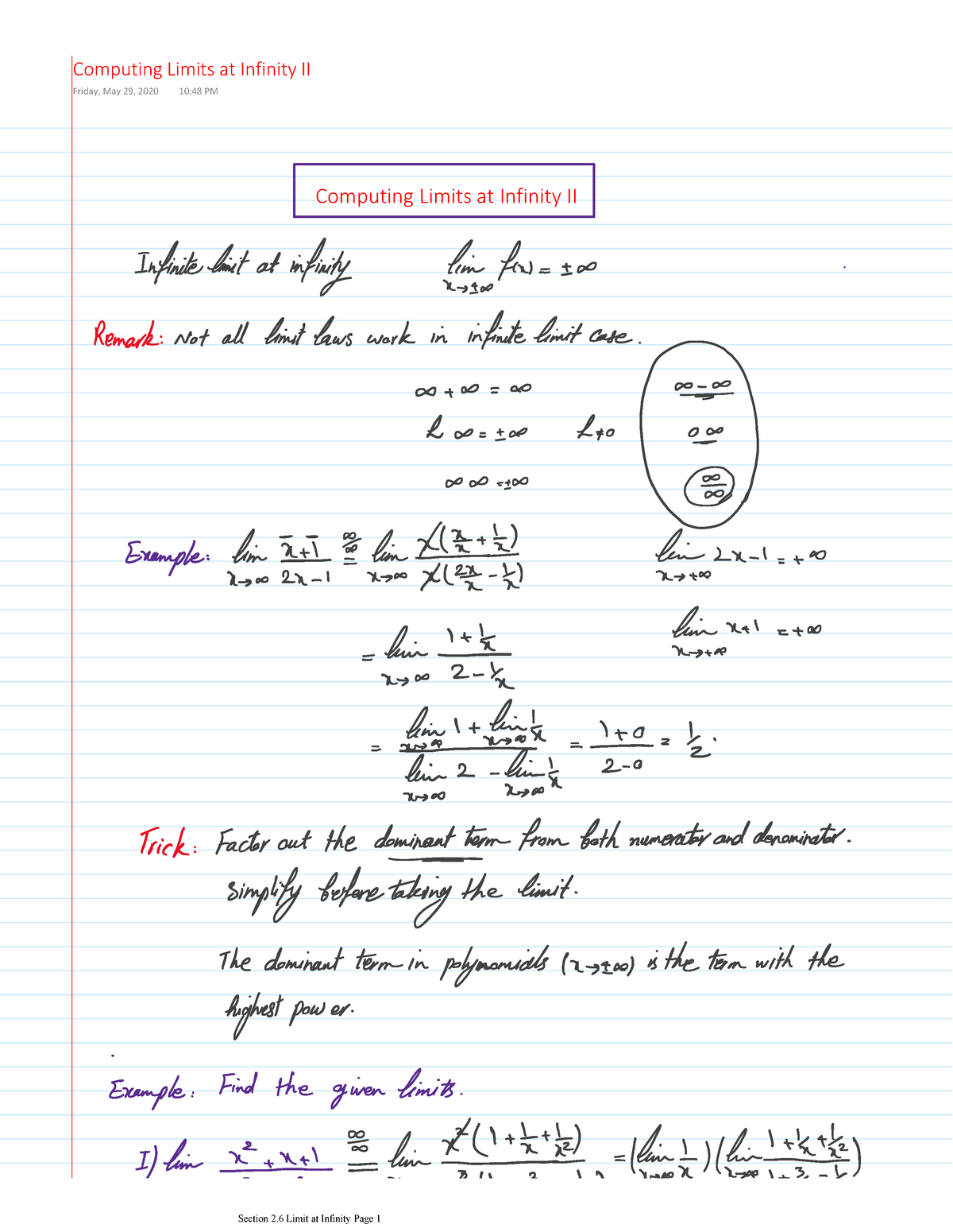 Calc 1000 Lecture 4.6 Notes - Calculus 1000A/B - Computing Limits At ...