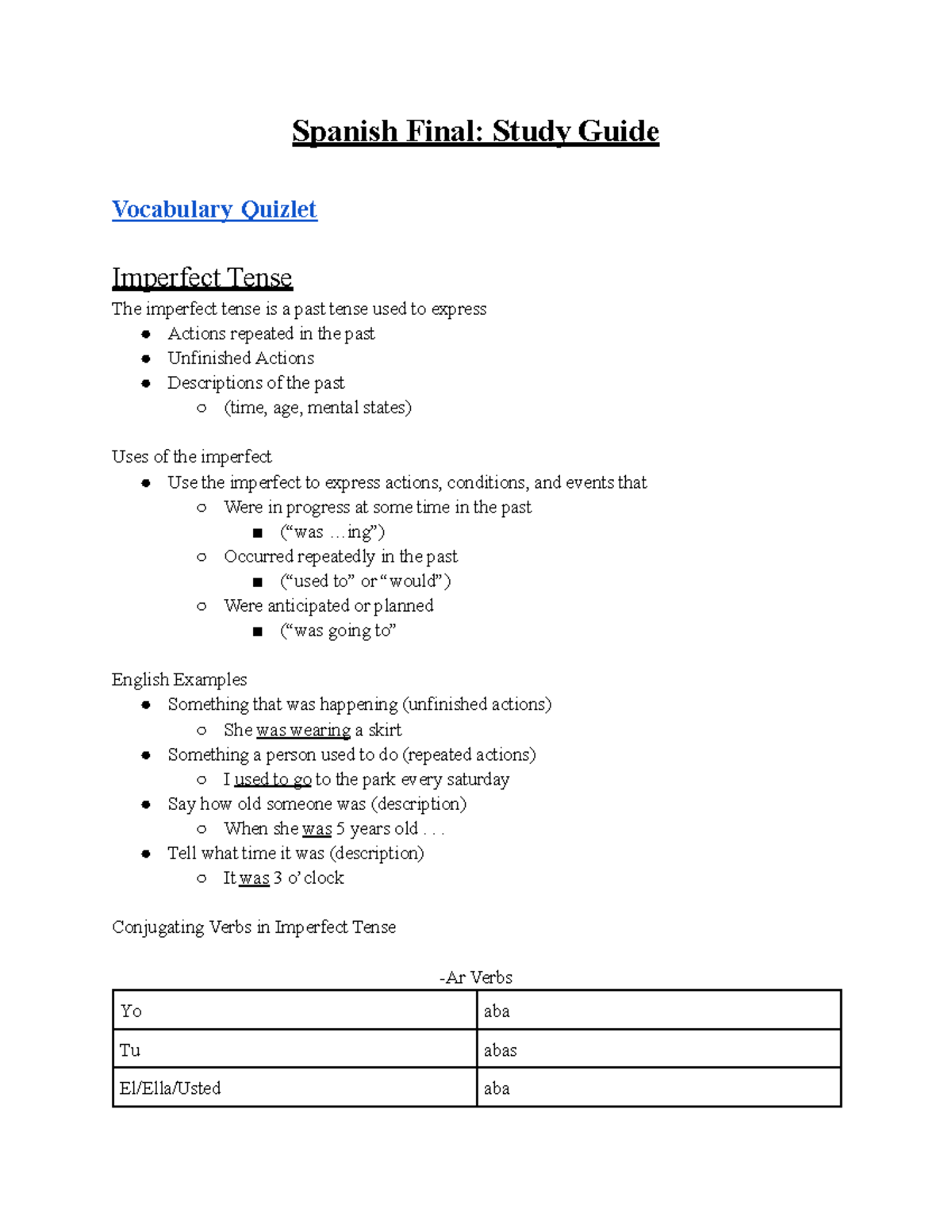 Spanish Final Study Guide - Spanish Final: Study Guide Vocabulary ...