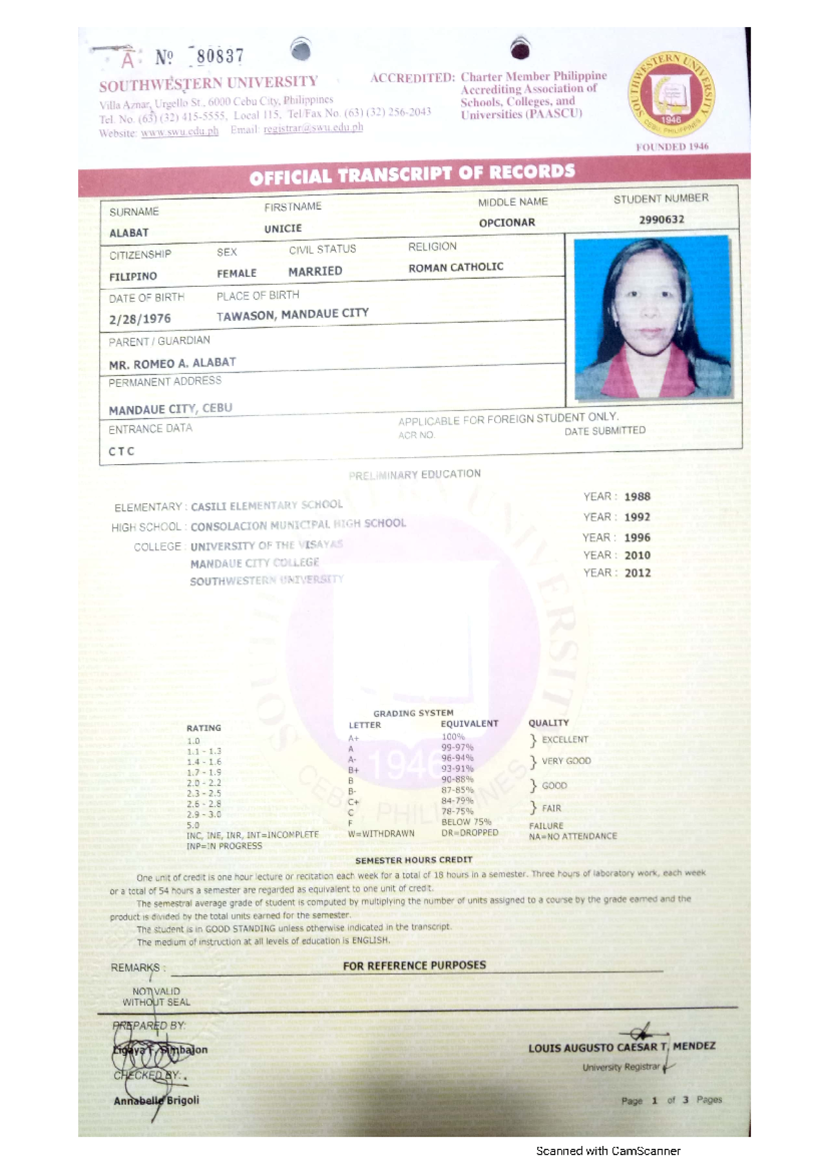 Certified COPY OF TOR - Alabat, Unicie O - Education - Studocu