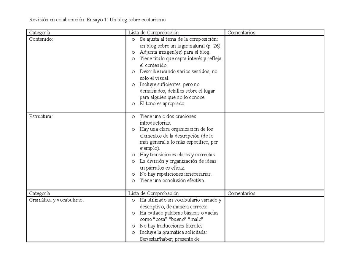 Hoja de peer review Ensayo 1 - Revisión en colaboración: Ensayo 1: Un ...