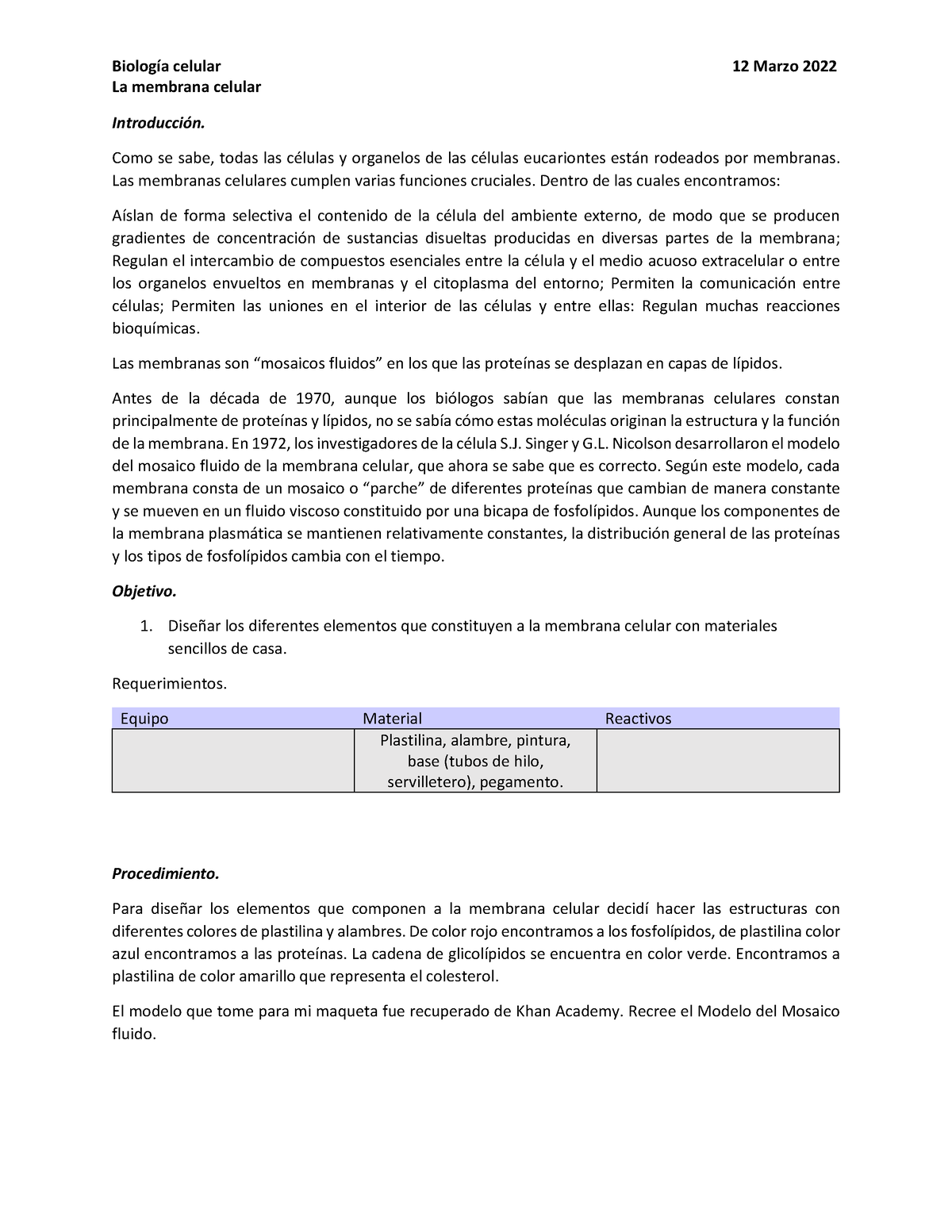 Membrana Celular Biologia - BiologÌa celular 12 Marzo 202 2 La membrana  celular IntroducciÛn. Como - Studocu