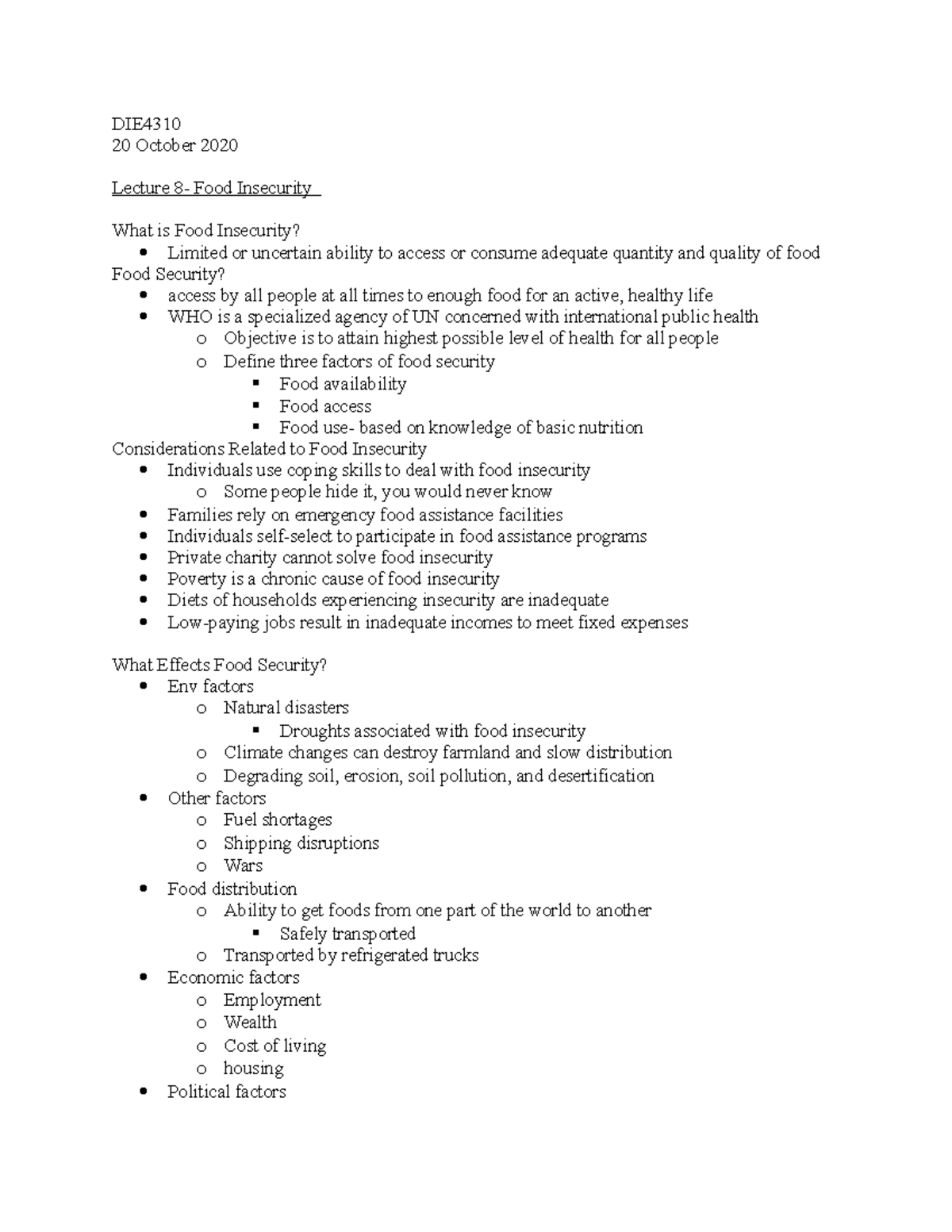 Food Insecurity - Lecture notes 8 - DIE 20 October 2020 Lecture 8- Food ...